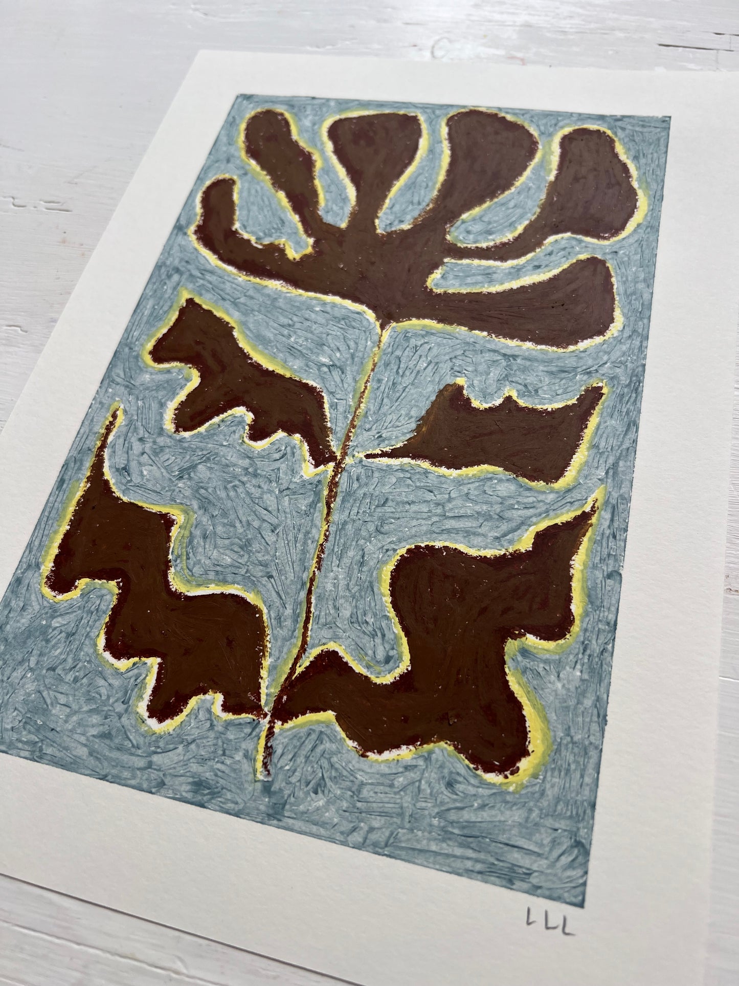 Bloom – Original oliepasteltegning A4 | Brun på støvet blå