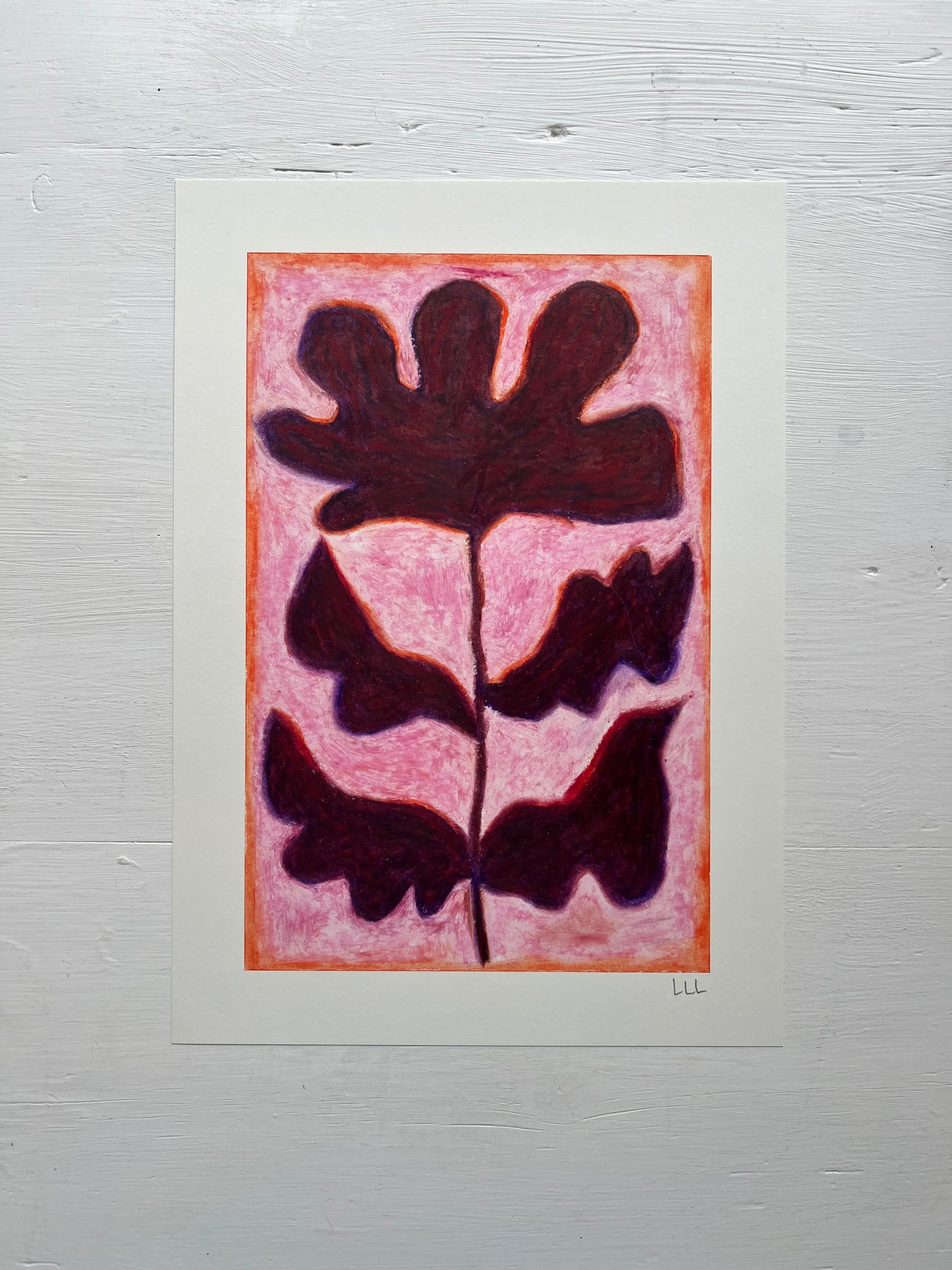 Bloom – Original oliepasteltegning A4 | Bordeaux på rosa
