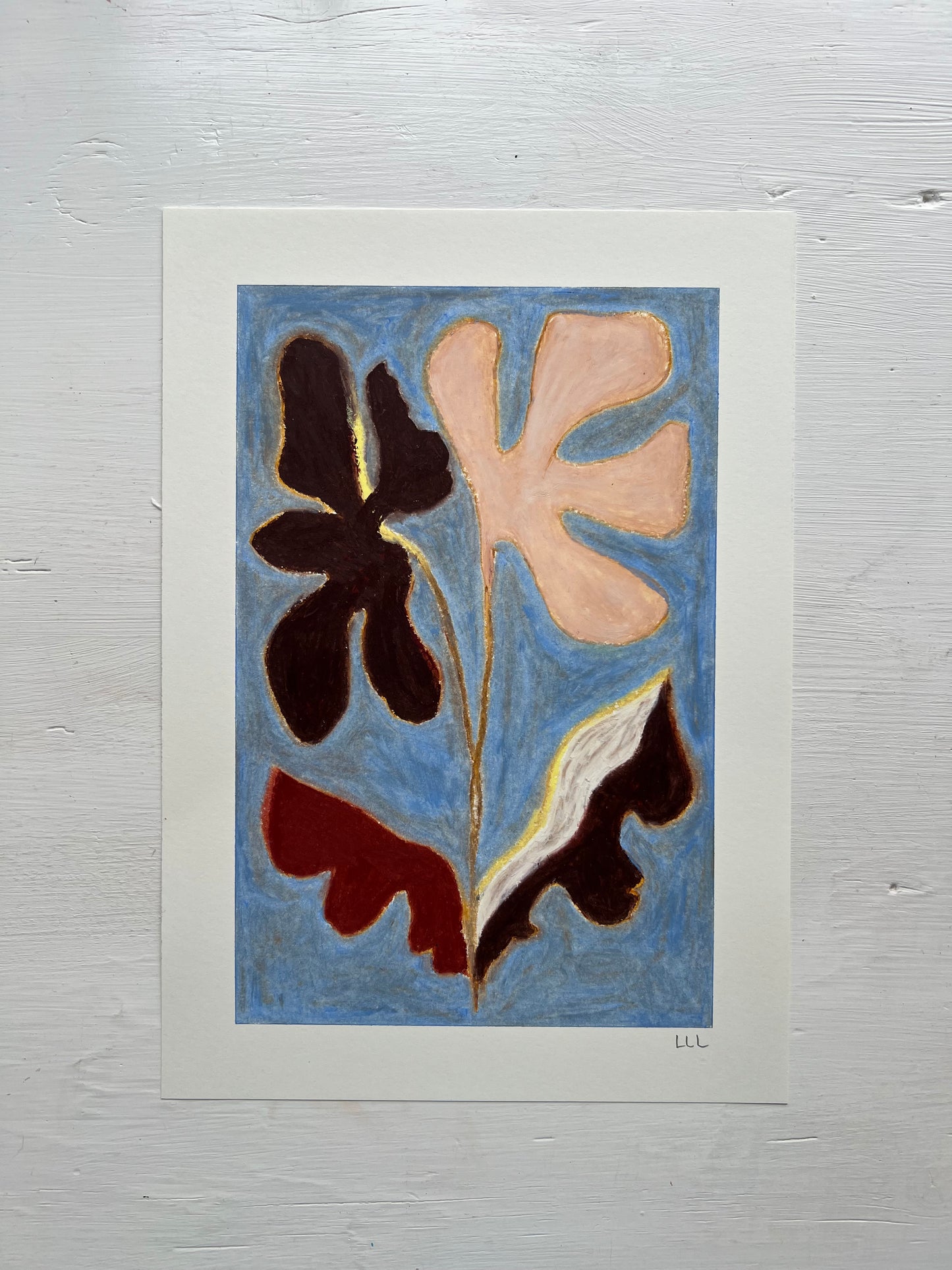 Bloom – Original oliepasteltegning A4 | Brun på lyseblå