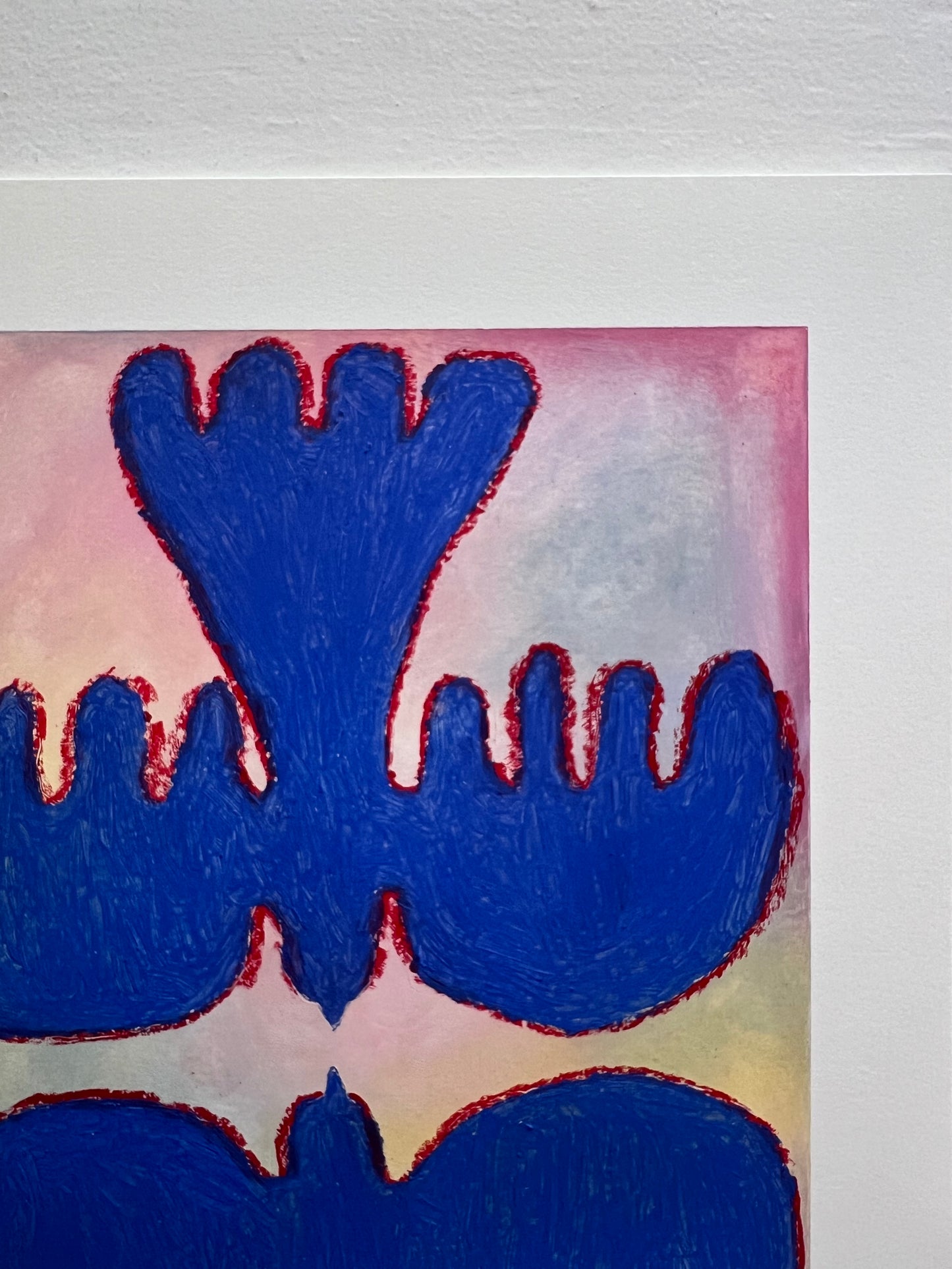 Lovebirds – Original oliepasteltegning A4 | Blå på pasteller med rød kontur
