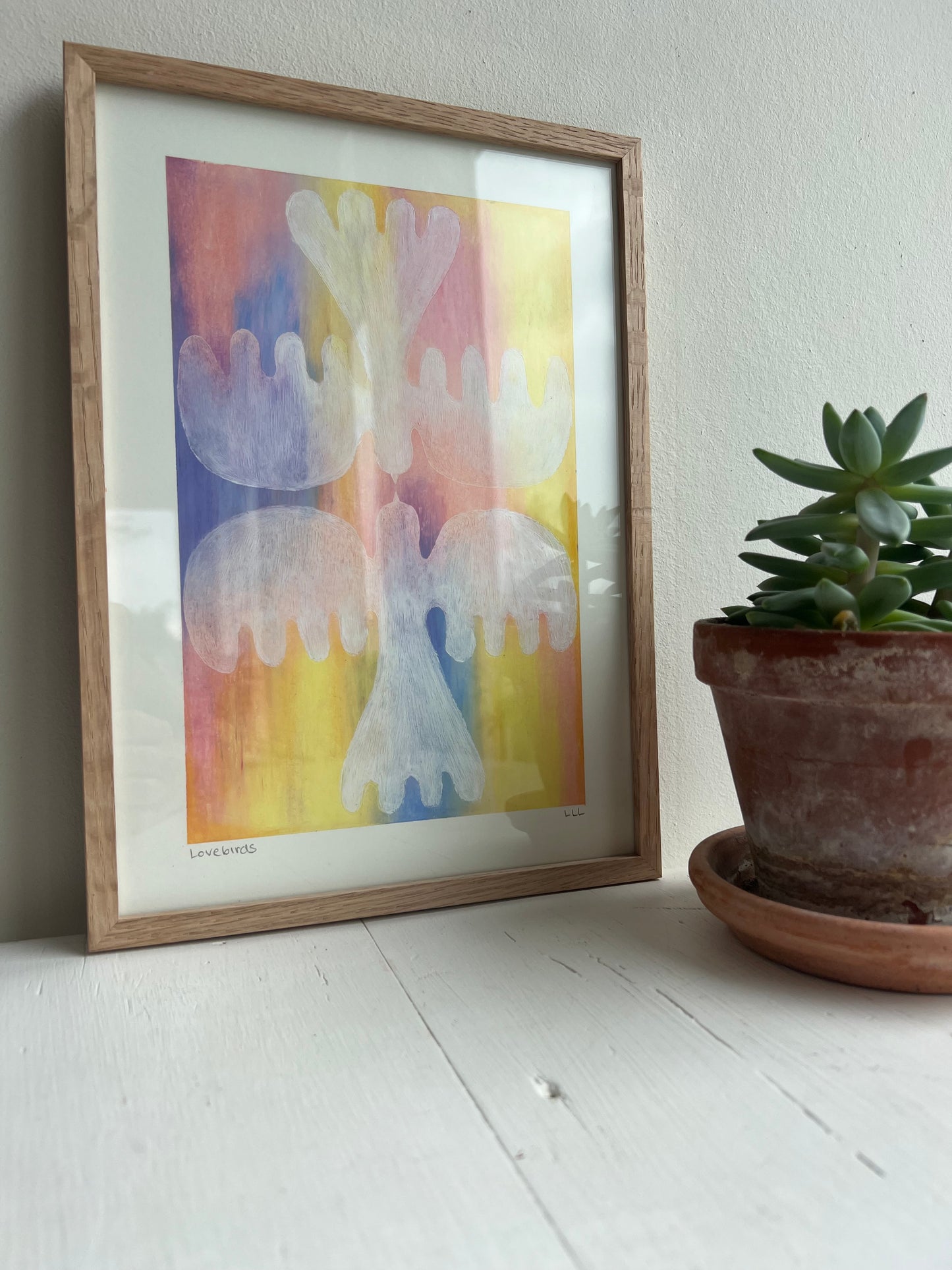 Lovebirds – Original oliepasteltegning A4 | Gennemsigtig hvid på pasteller