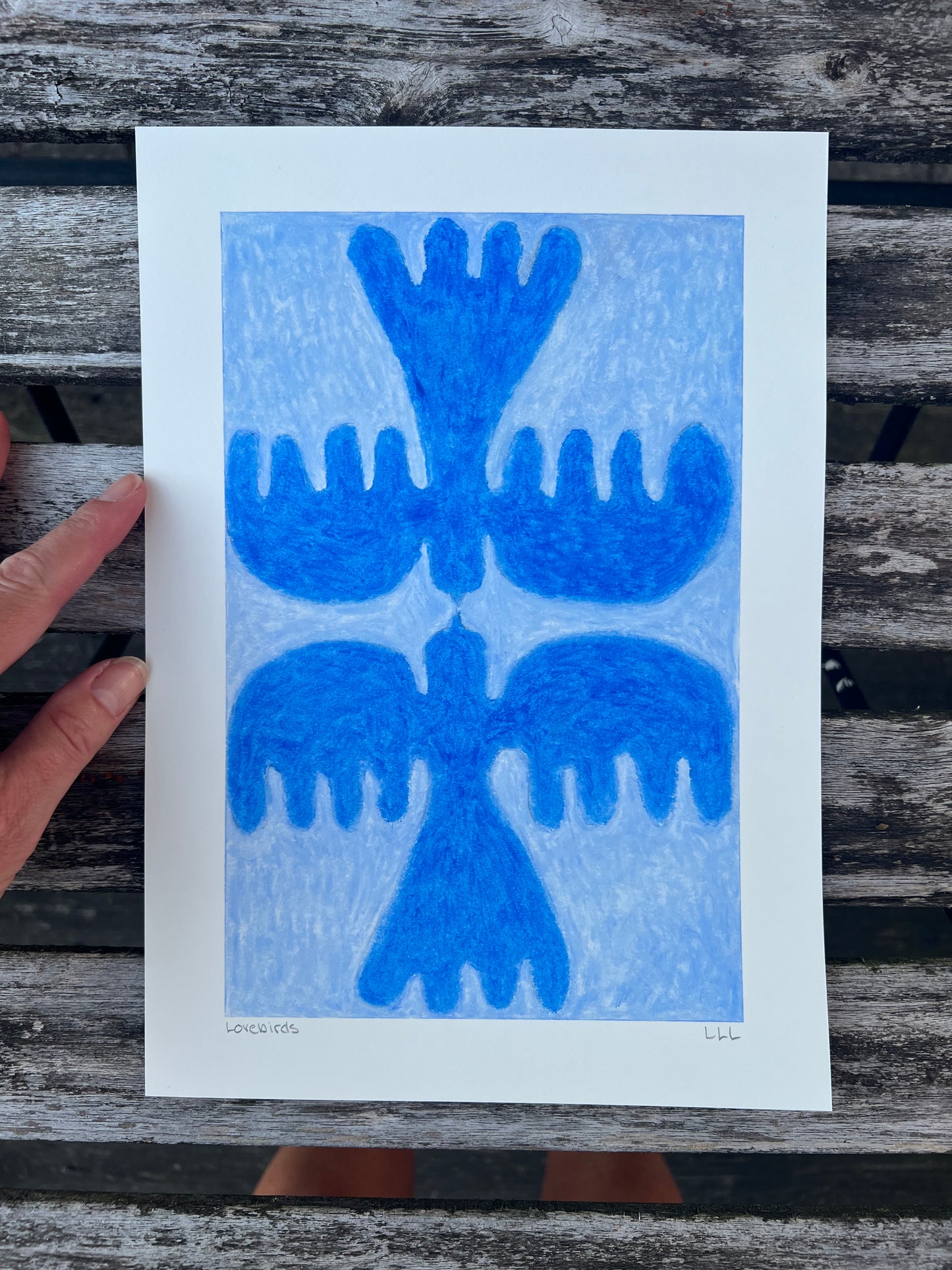 Lovebirds – Original oliepasteltegning A4 | Blå på lyseblå