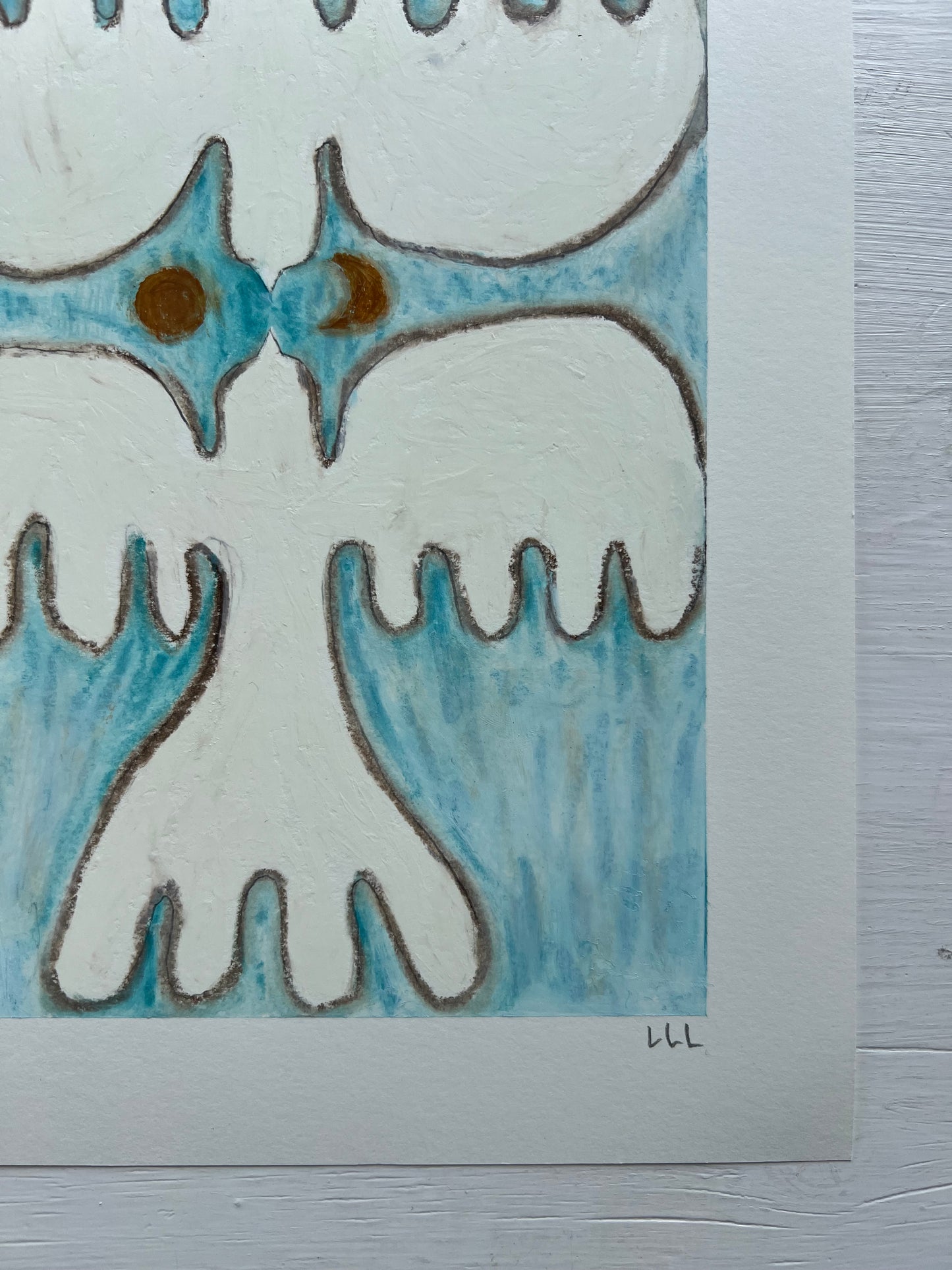 Lovebirds – Original oliepasteltegning A4 | Creme på isblå