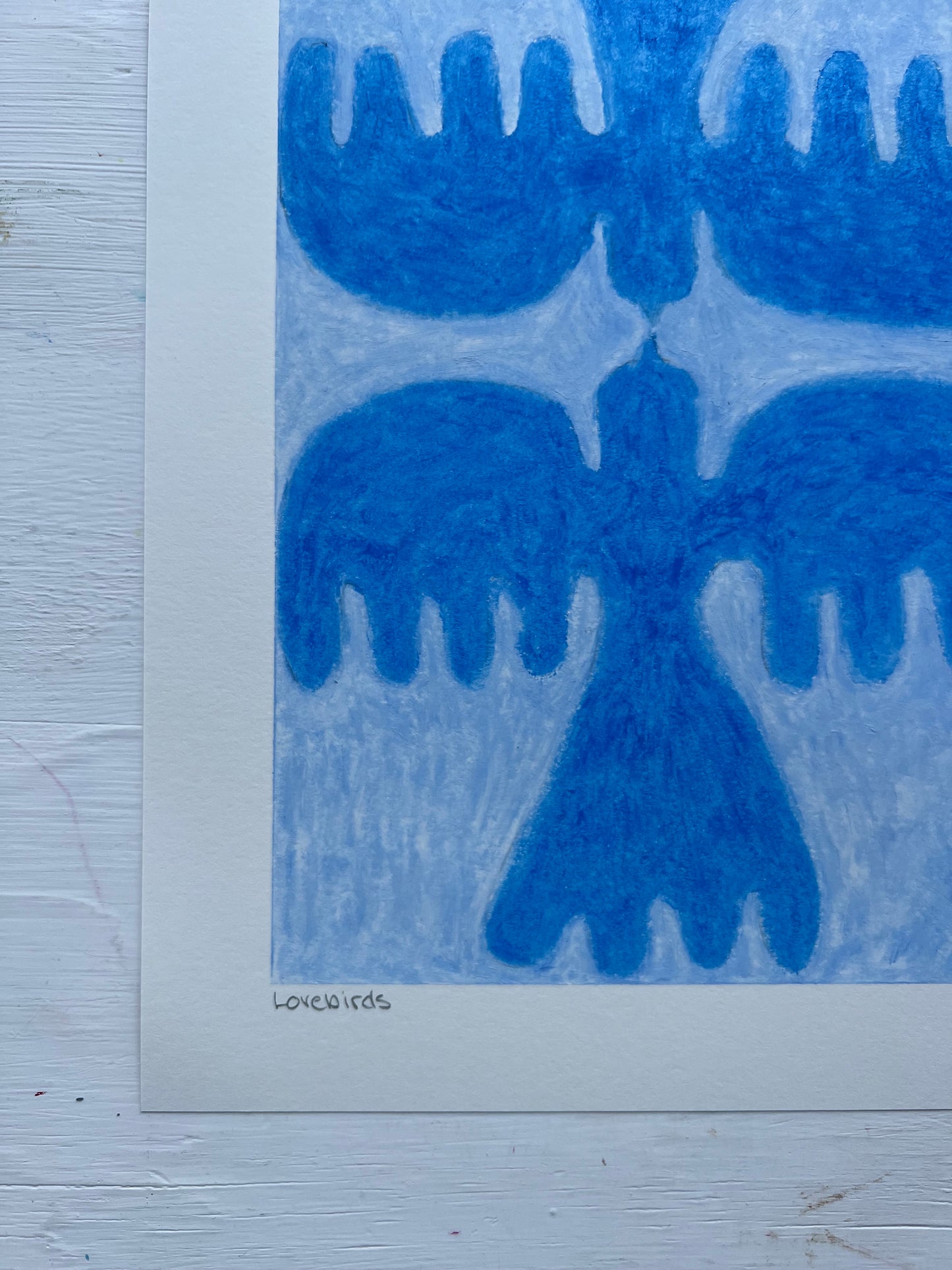 Lovebirds – Original oliepasteltegning A4 | Blå på lyseblå