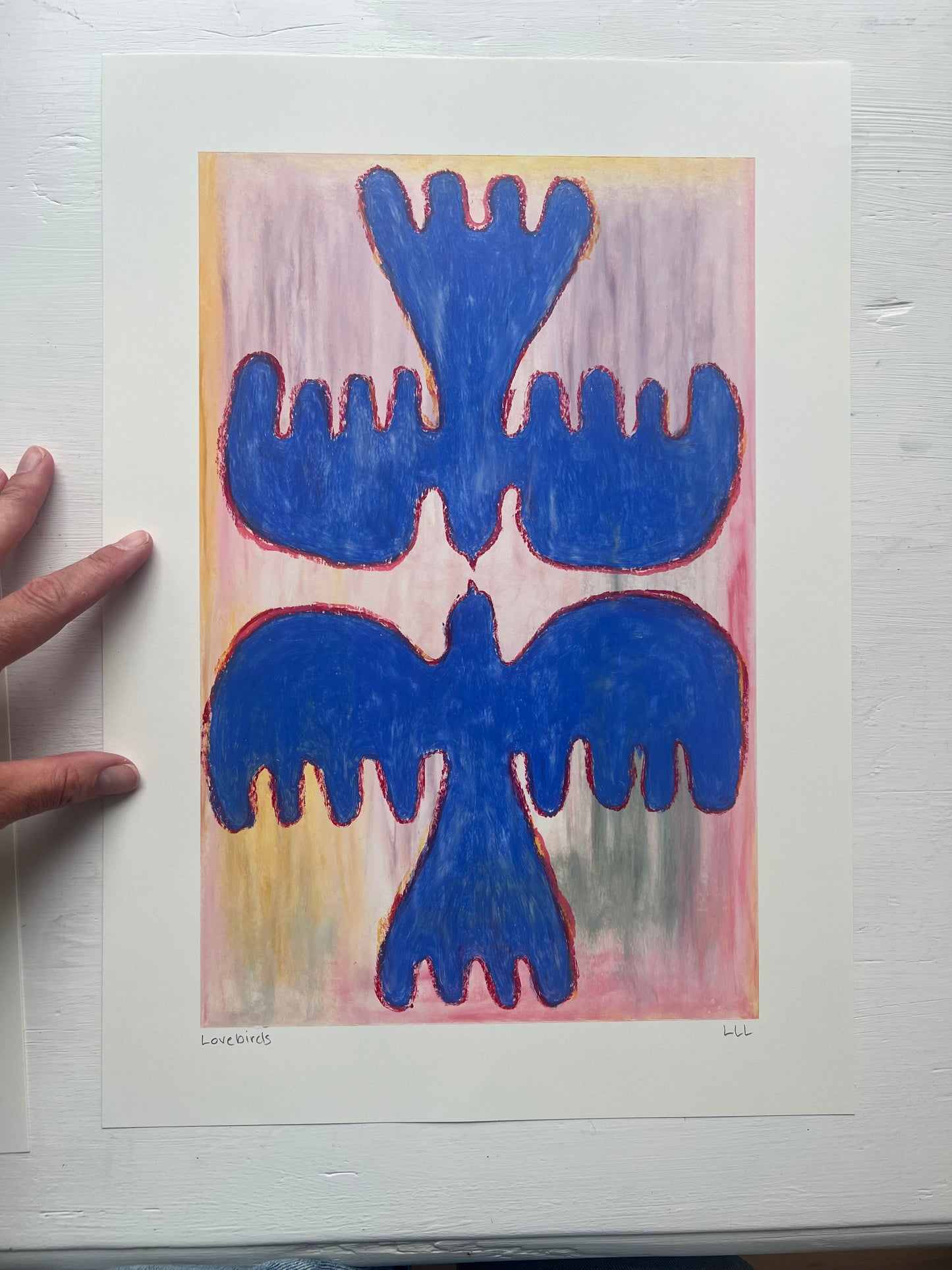 Lovebirds – Original oliepasteltegning A3 | Blå på pasteller