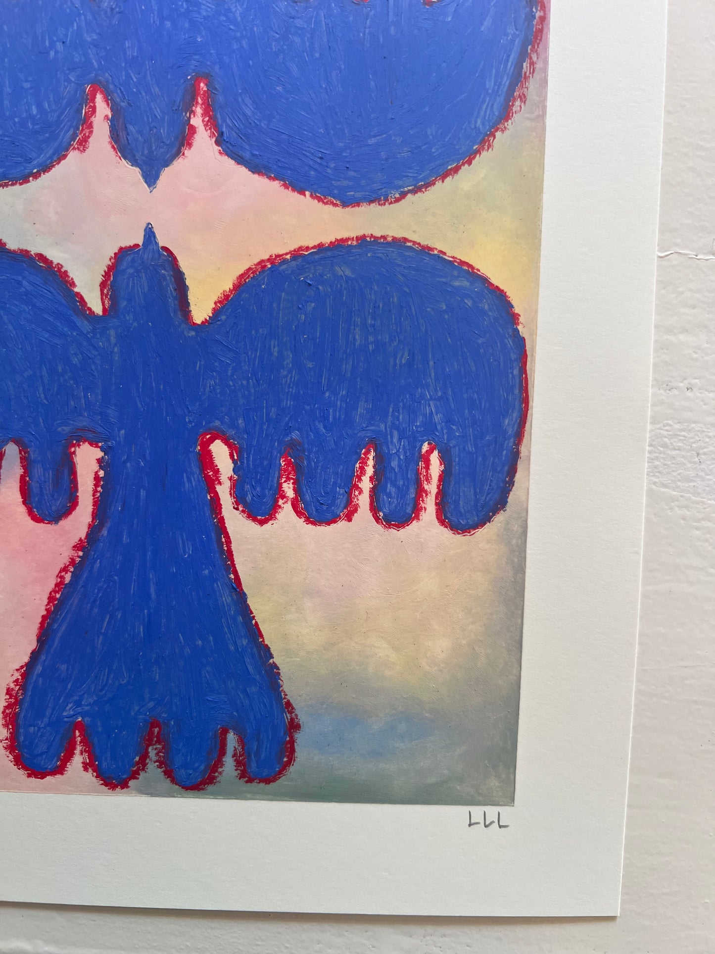 Lovebirds – Original oliepasteltegning A4 | Blå på pasteller med rød kontur