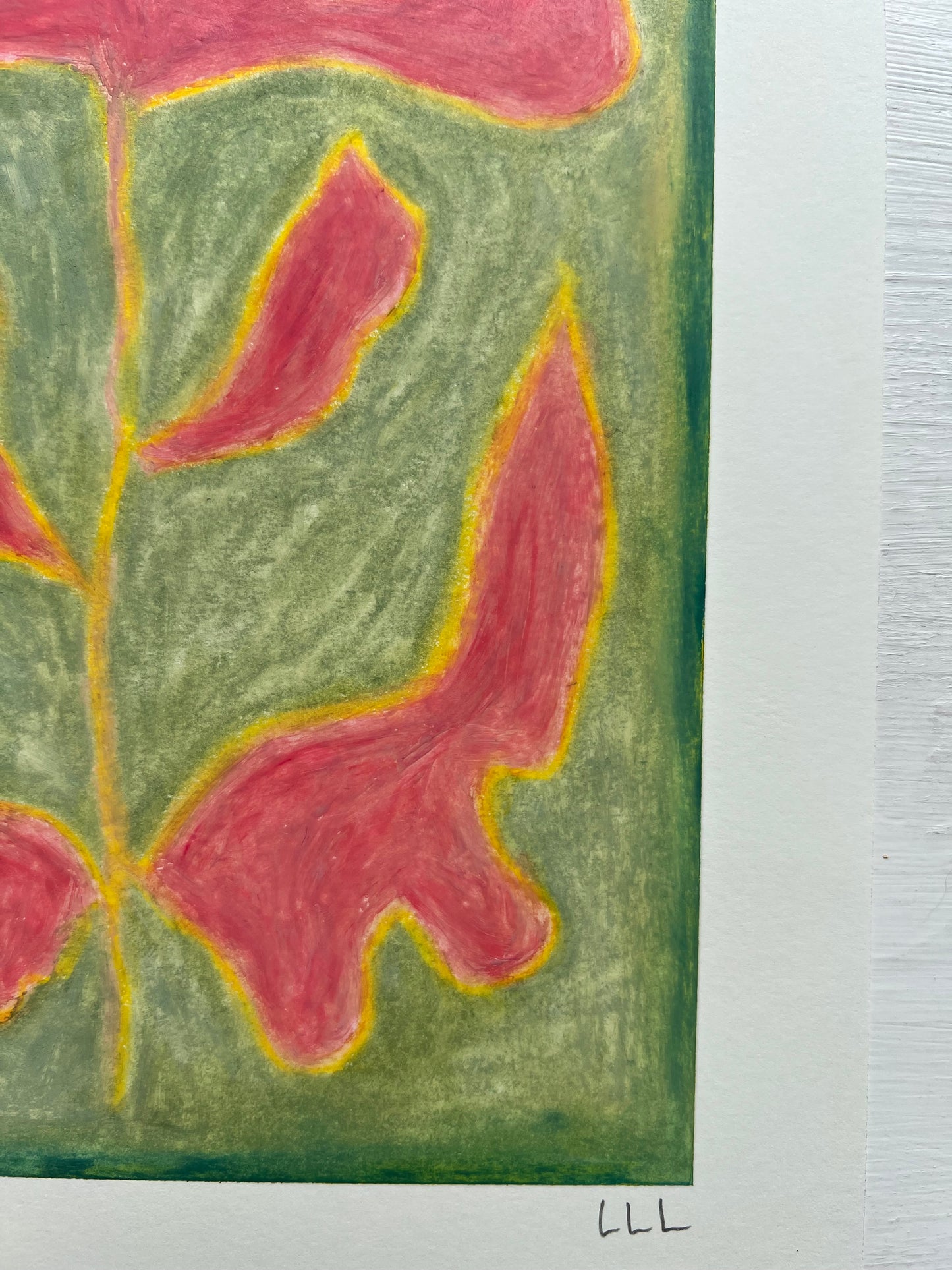Bloom – Original oliepasteltegning A4 | Hindbærrosa på grøn