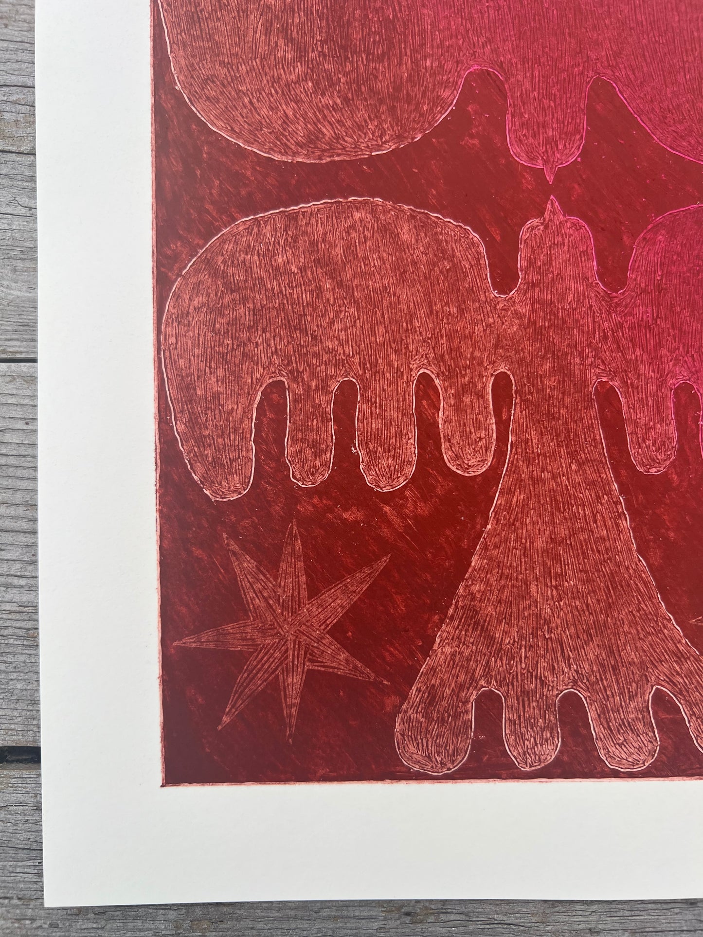 Lovebirds – Original oliepasteltegning A4 | Rødbrun sgraffito