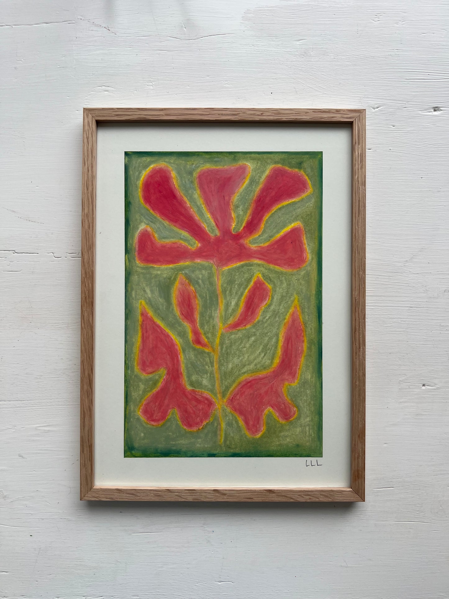 Bloom – Original oliepasteltegning A4 | Hindbærrosa på grøn