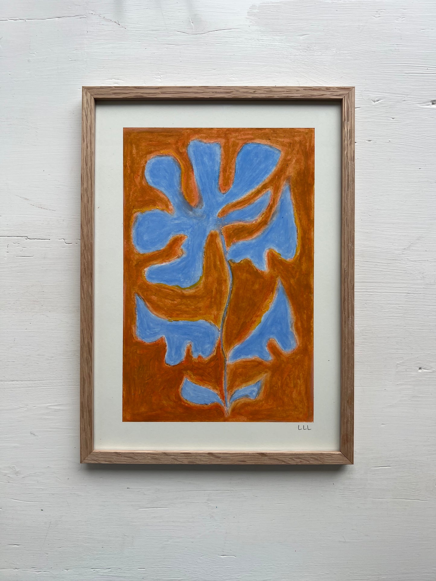 Bloom – Original oliepasteltegning A4 | Lyseblå på okker