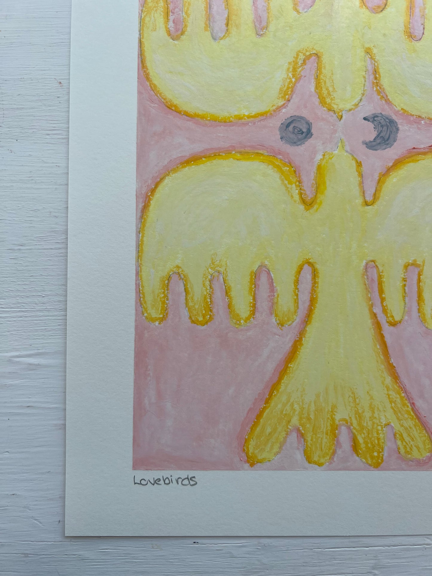 Lovebirds – Original oliepasteltegning A4 | Gul på rosa