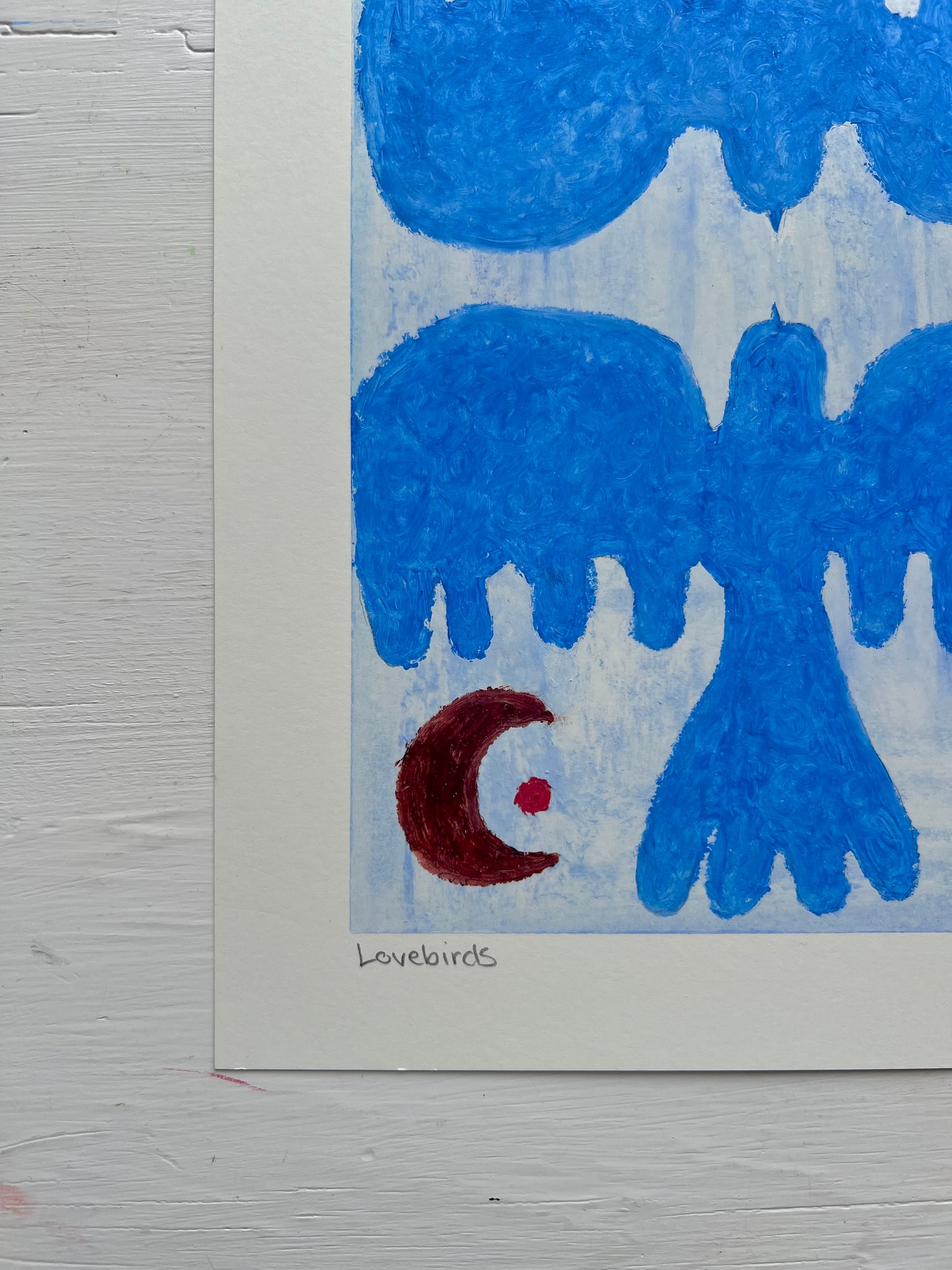 Lovebirds – Original oliepasteltegning A4 | Mørkeblå på lyseblå