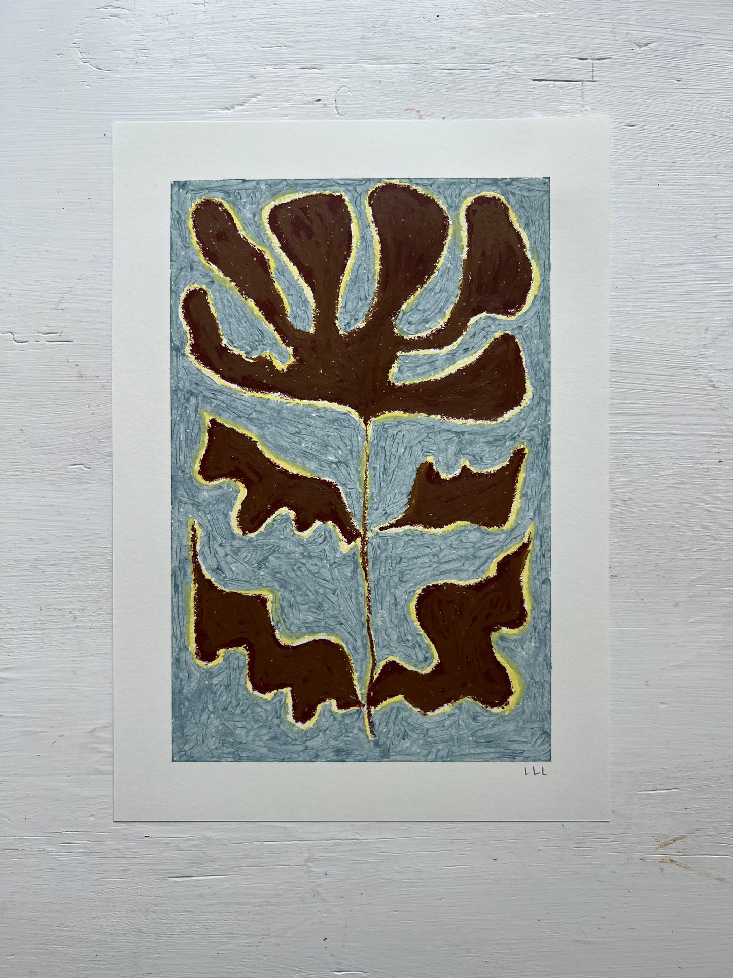 Bloom – Original oliepasteltegning A4 | Brun på støvet blå