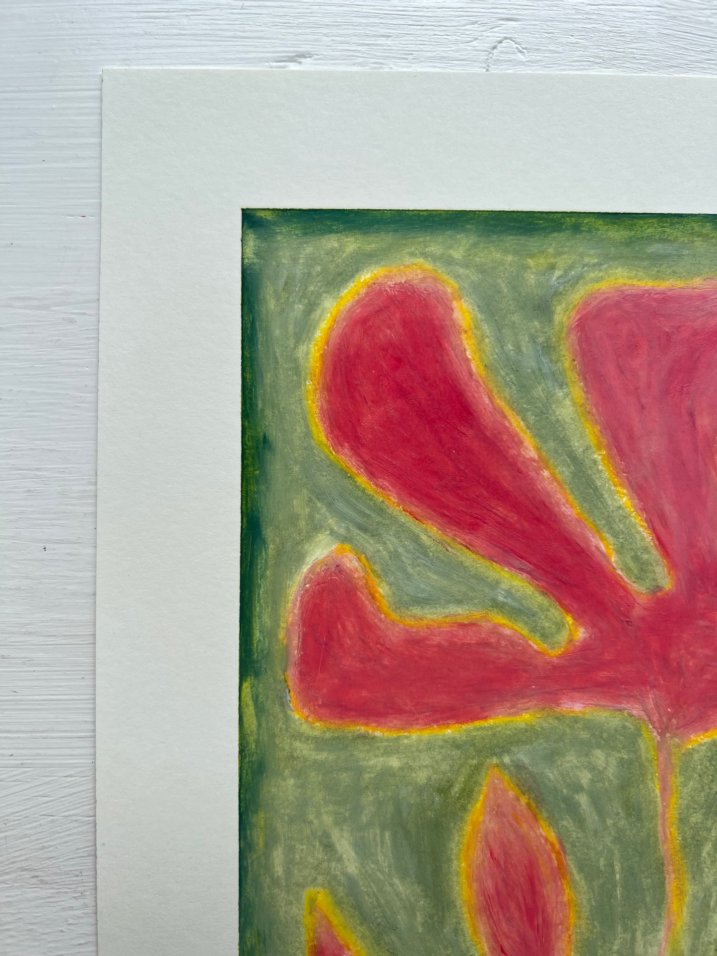 Bloom – Original oliepasteltegning A4 | Hindbærrosa på grøn