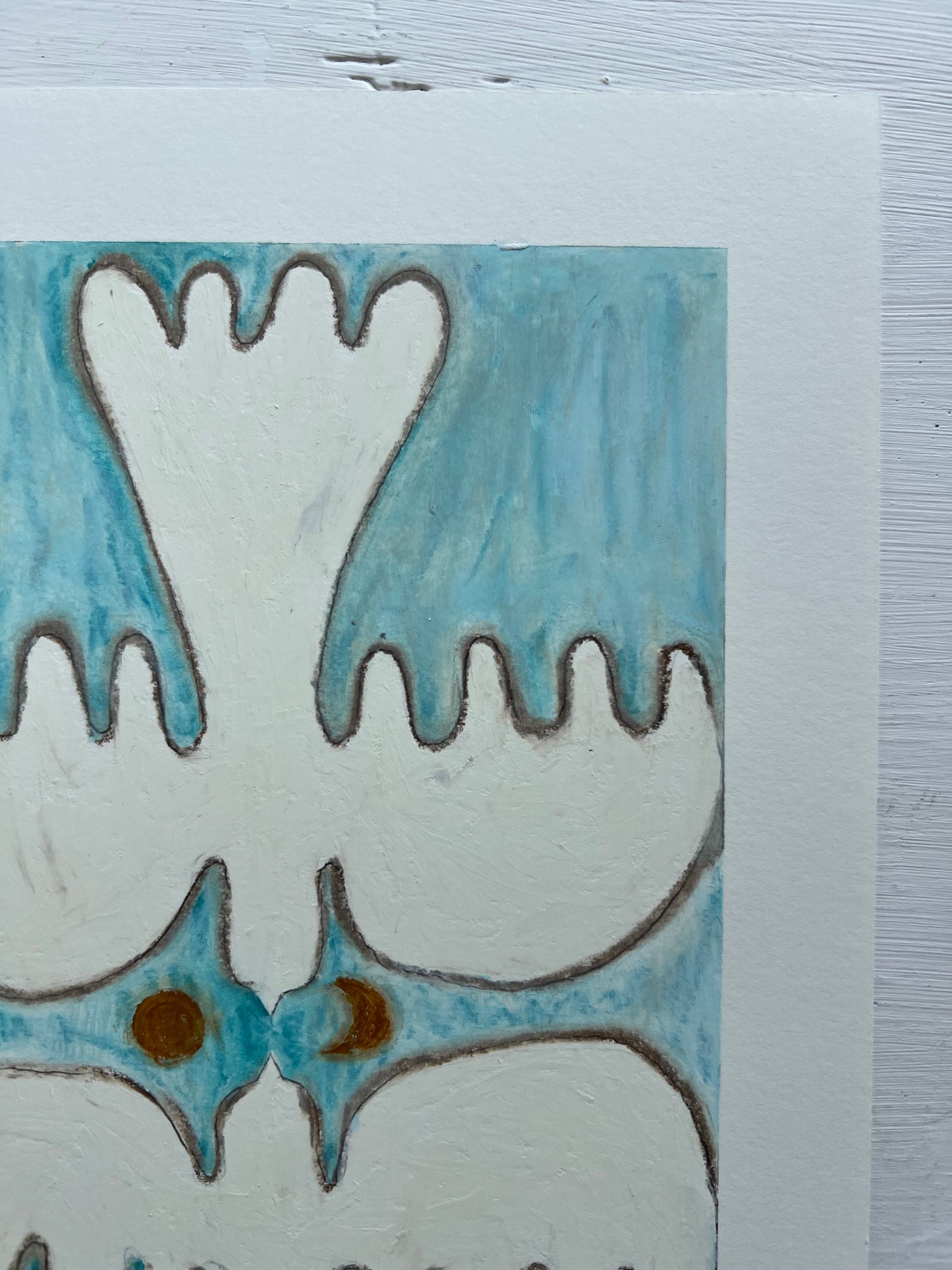 Lovebirds – Original oliepasteltegning A4 | Creme på isblå