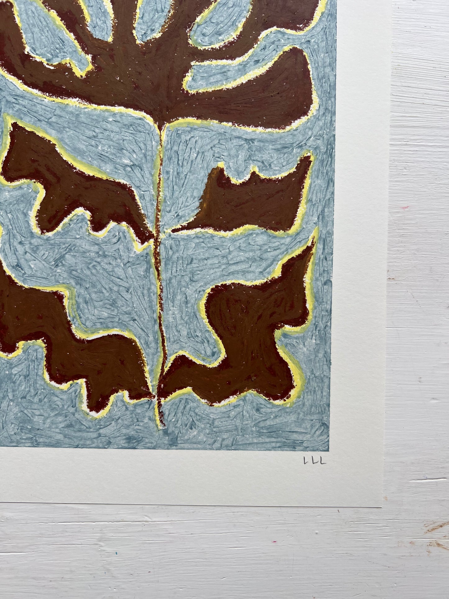 Bloom – Original oliepasteltegning A4 | Brun på støvet blå