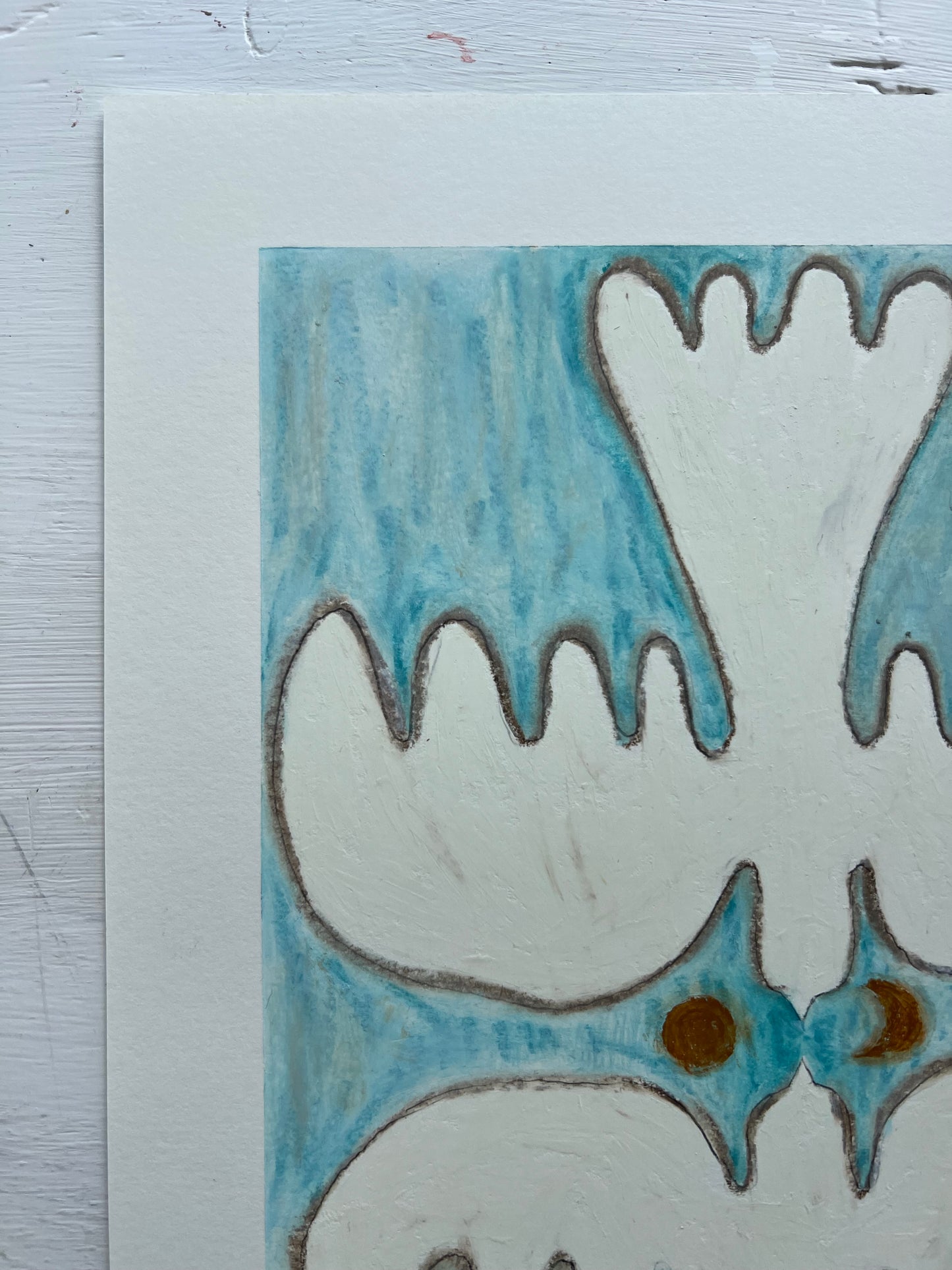 Lovebirds – Original oliepasteltegning A4 | Creme på isblå
