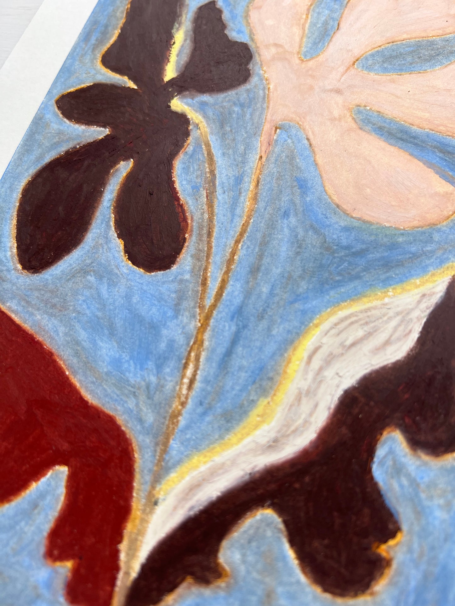 Bloom – Original oliepasteltegning A4 | Brun på lyseblå