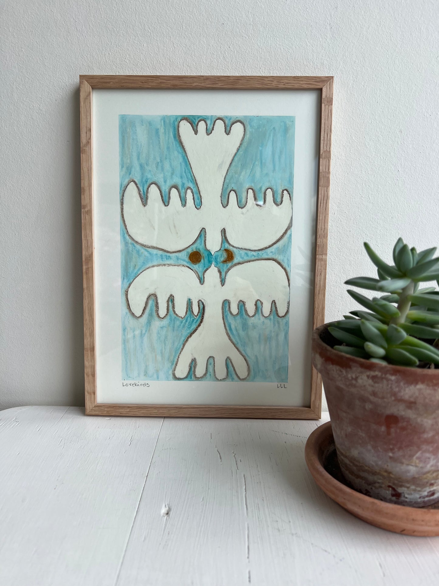 Lovebirds – Original oliepasteltegning A4 | Creme på isblå