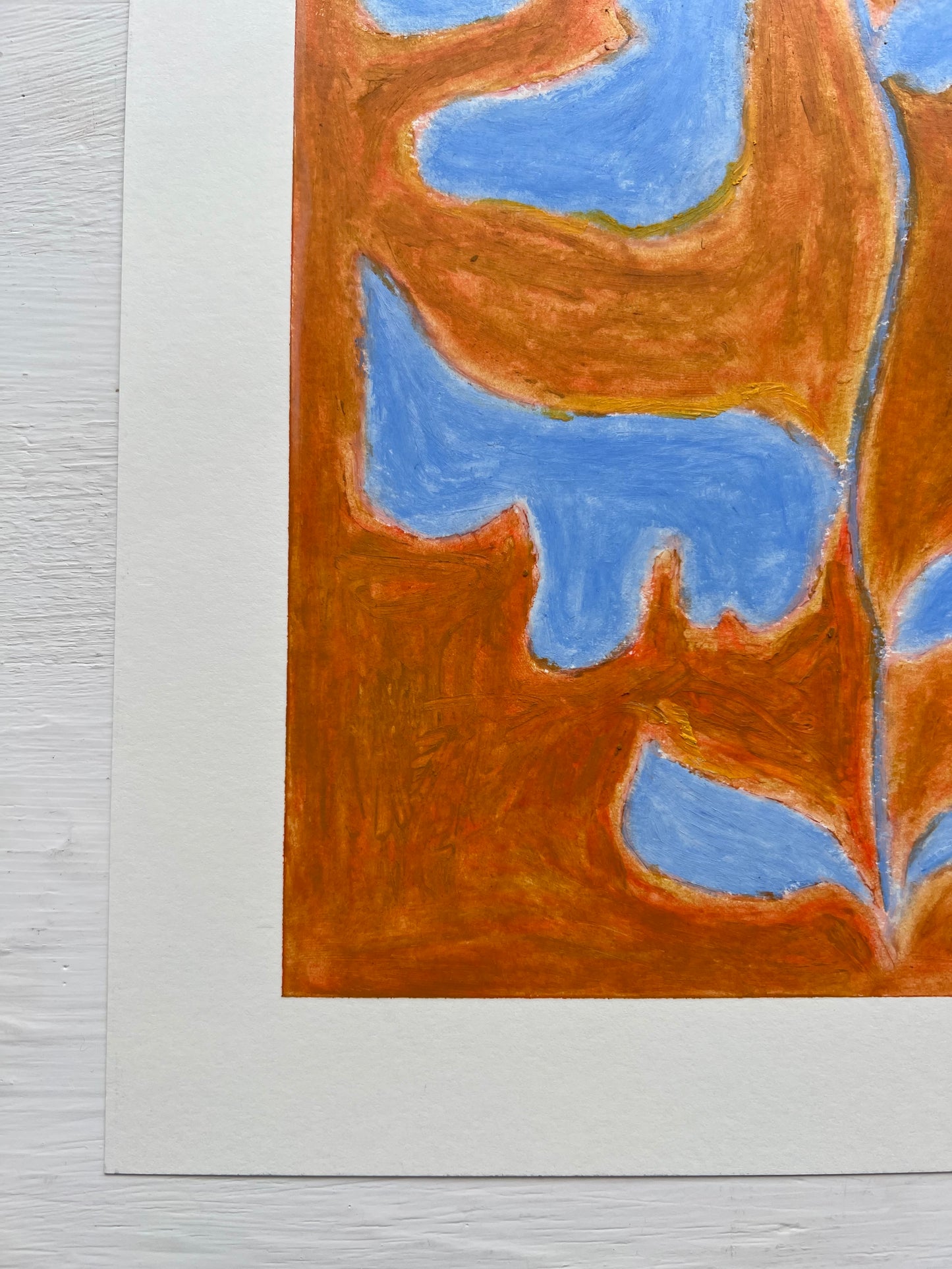 Bloom – Original oliepasteltegning A4 | Lyseblå på okker