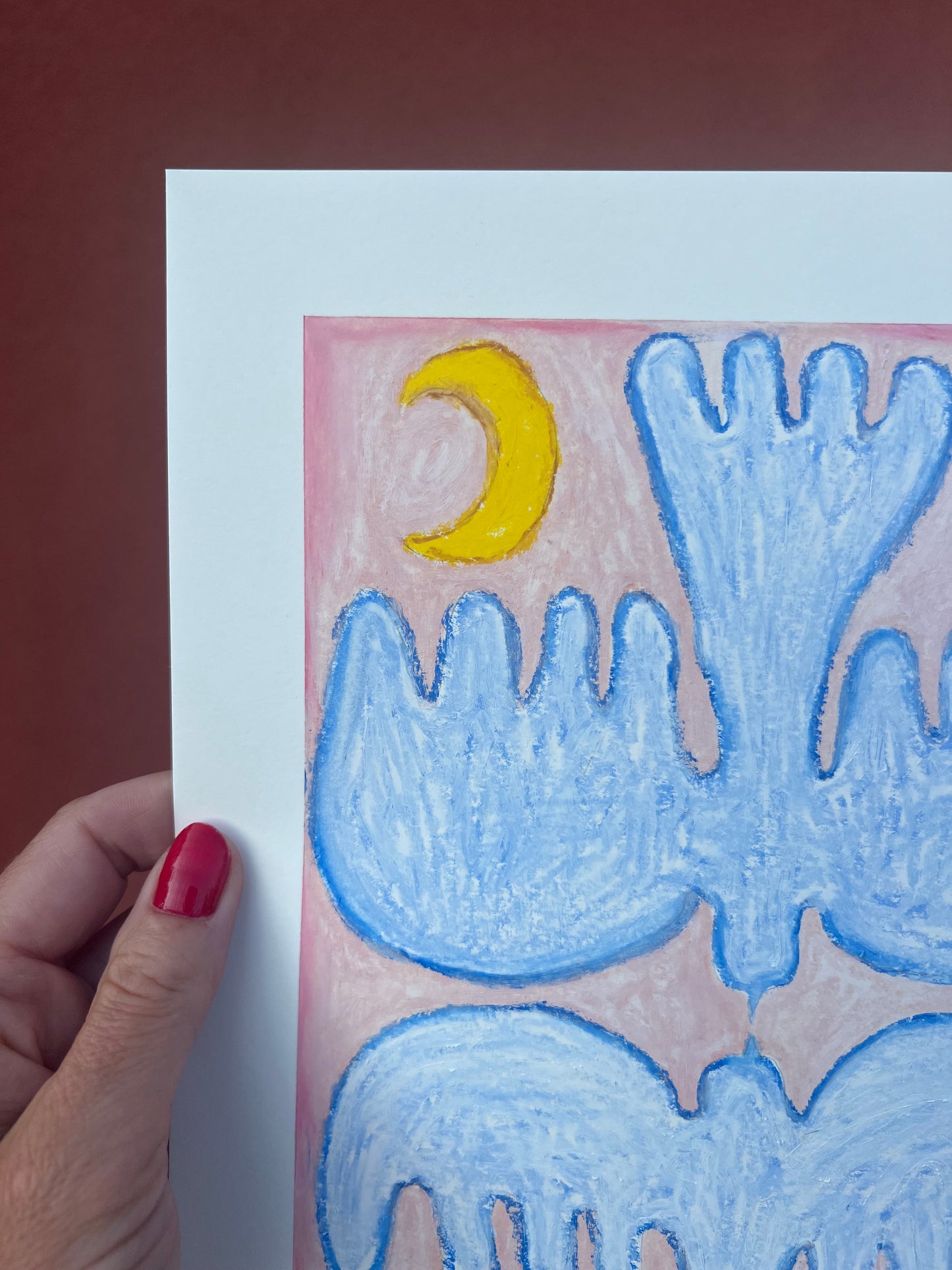 Lovebirds – Original oliepasteltegning A4 | Lyseblå på rosa