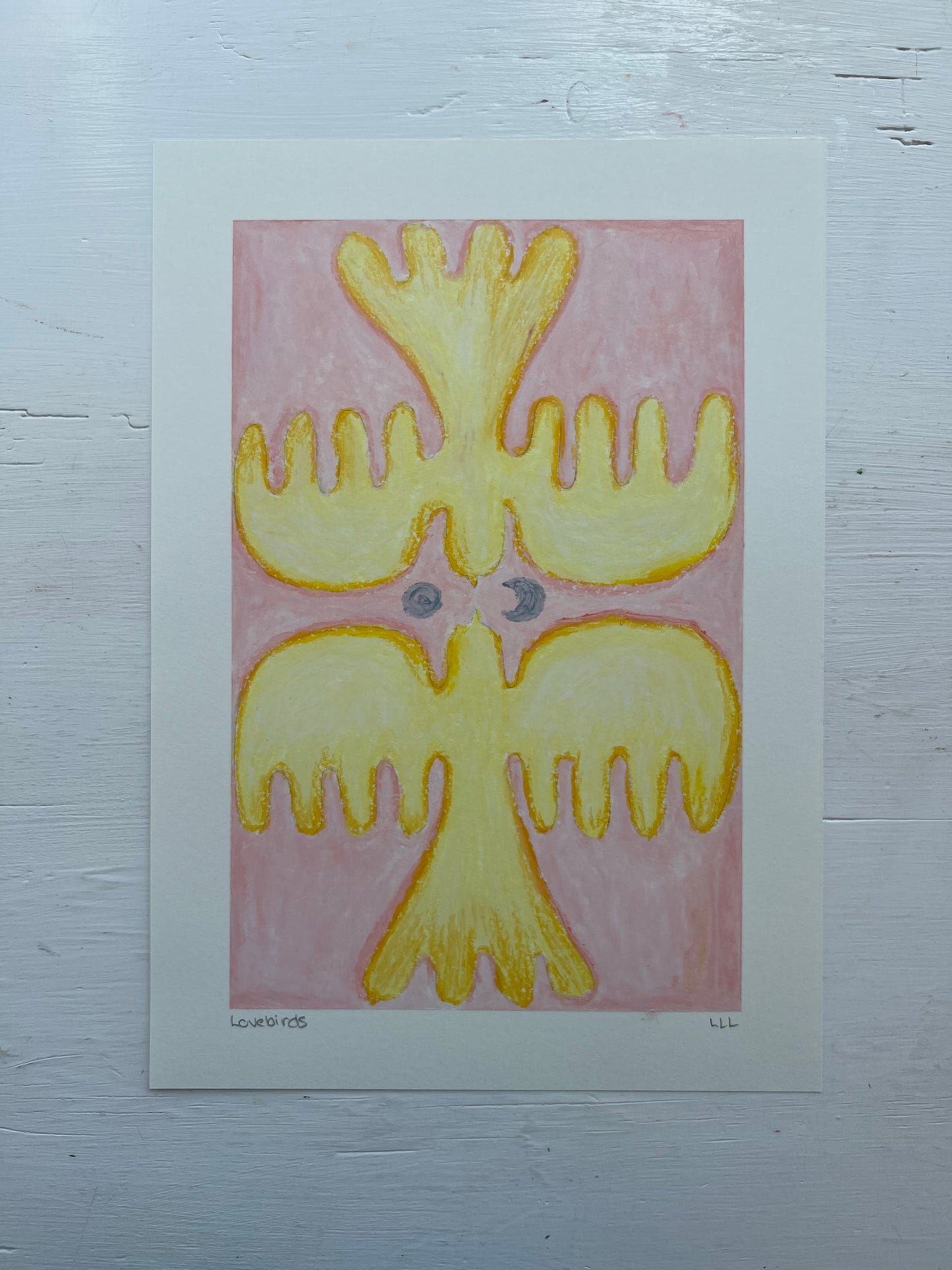 Lovebirds – Original oliepasteltegning A4 | Gul på rosa