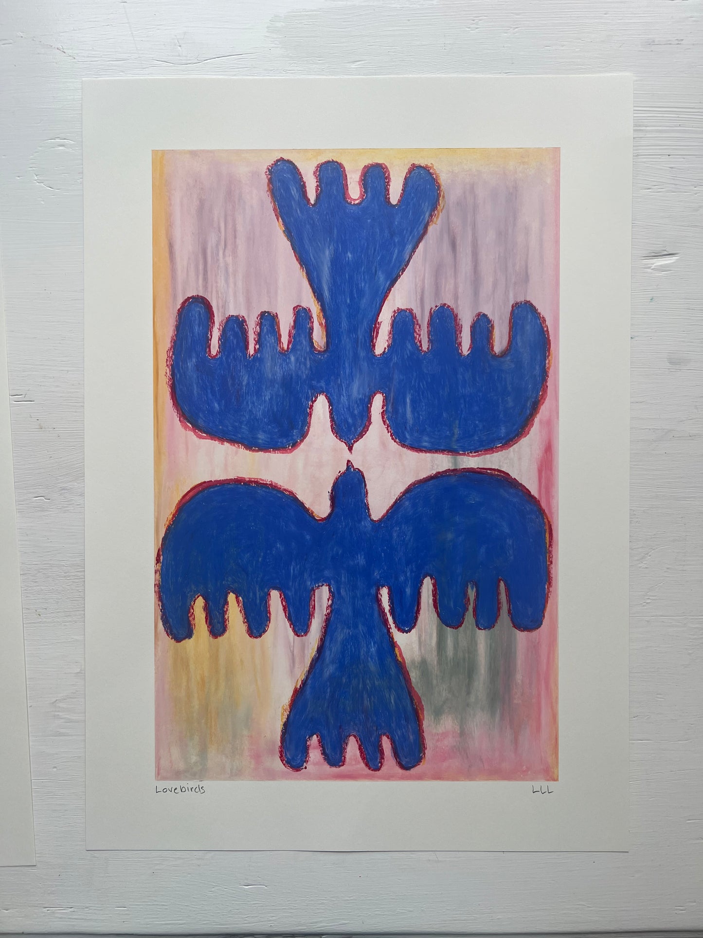 Lovebirds – Original oliepasteltegning A3 | Blå på pasteller