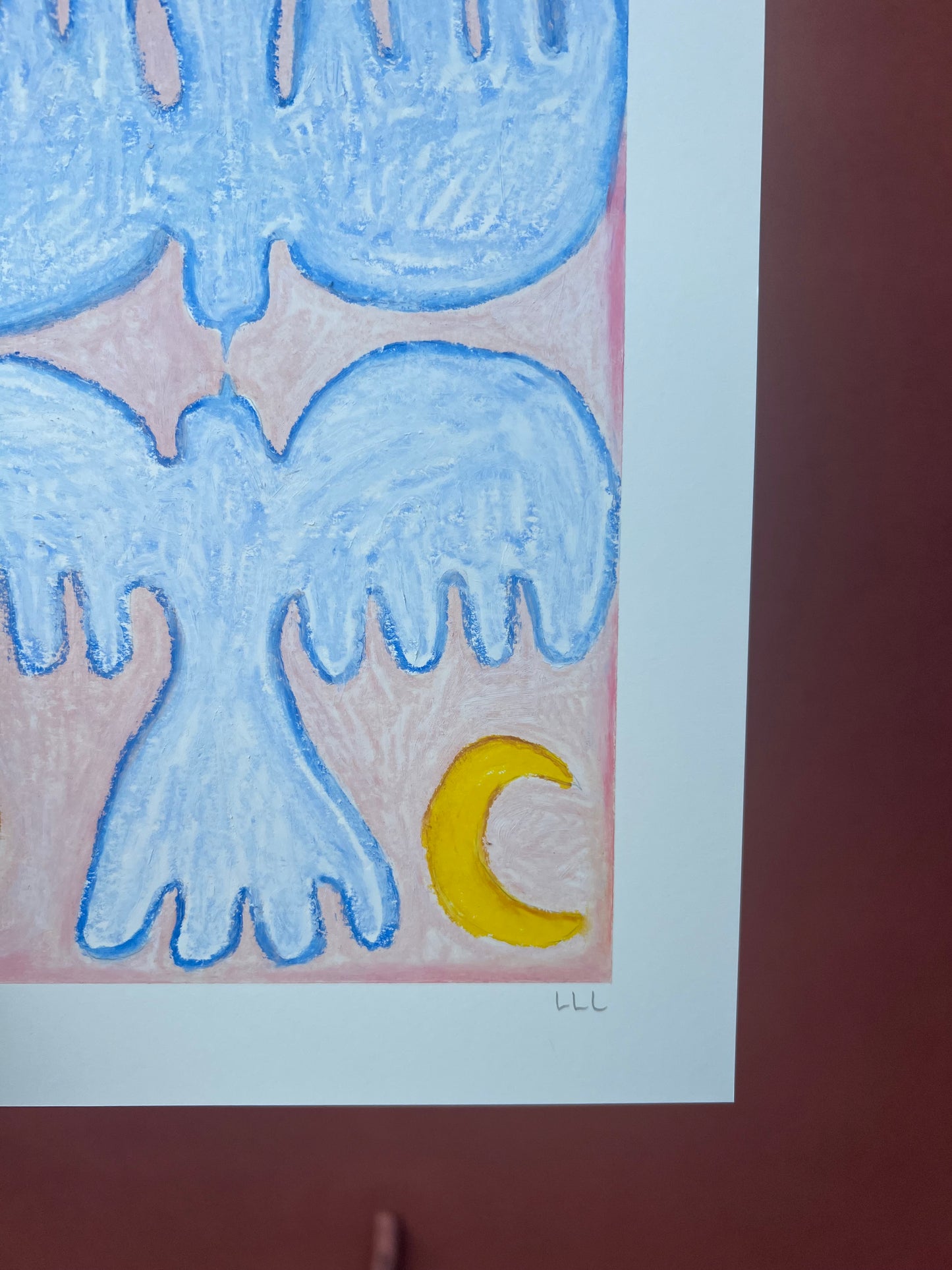 Lovebirds – Original oliepasteltegning A4 | Lyseblå på rosa