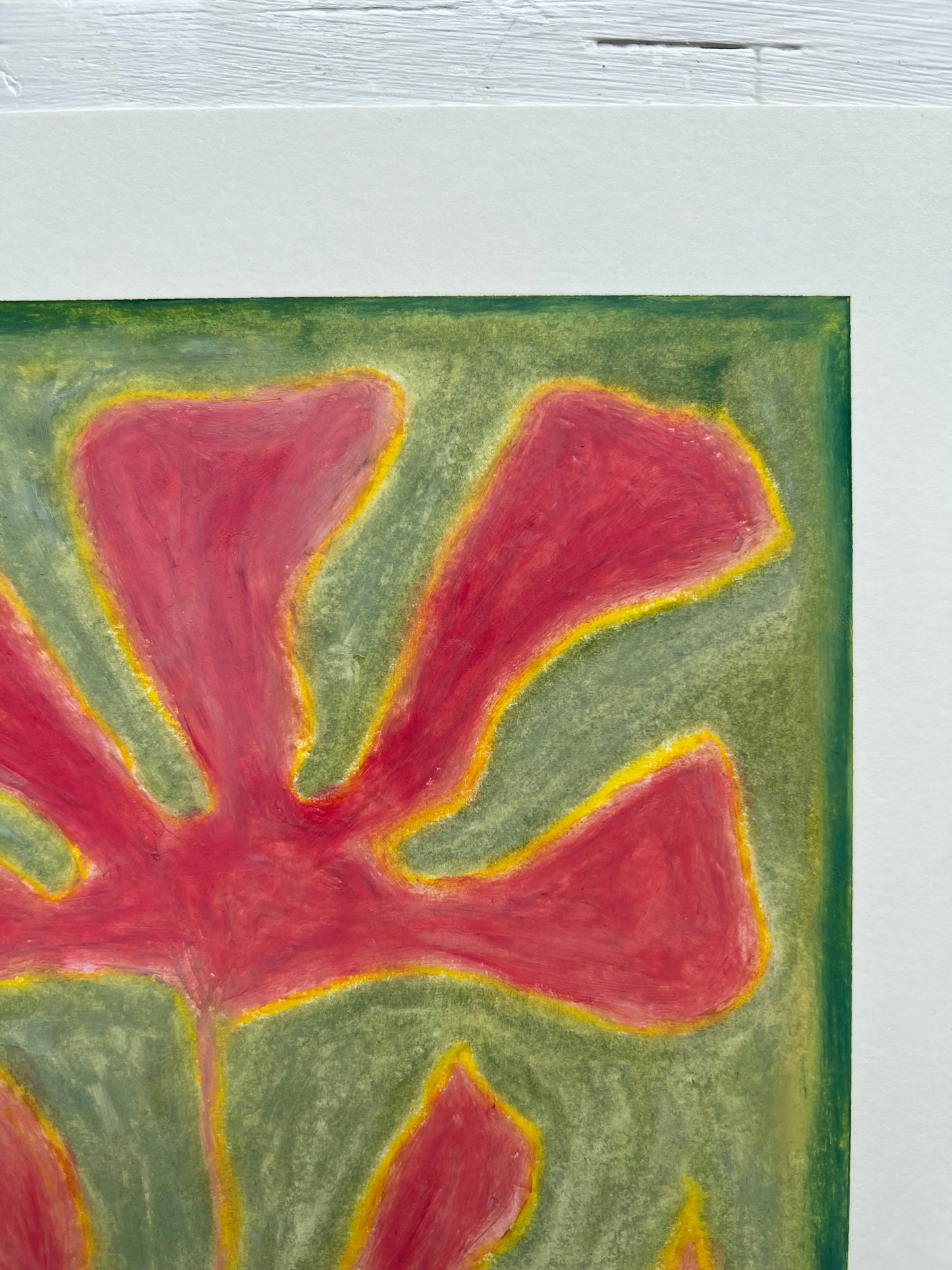 Bloom – Original oliepasteltegning A4 | Hindbærrosa på grøn