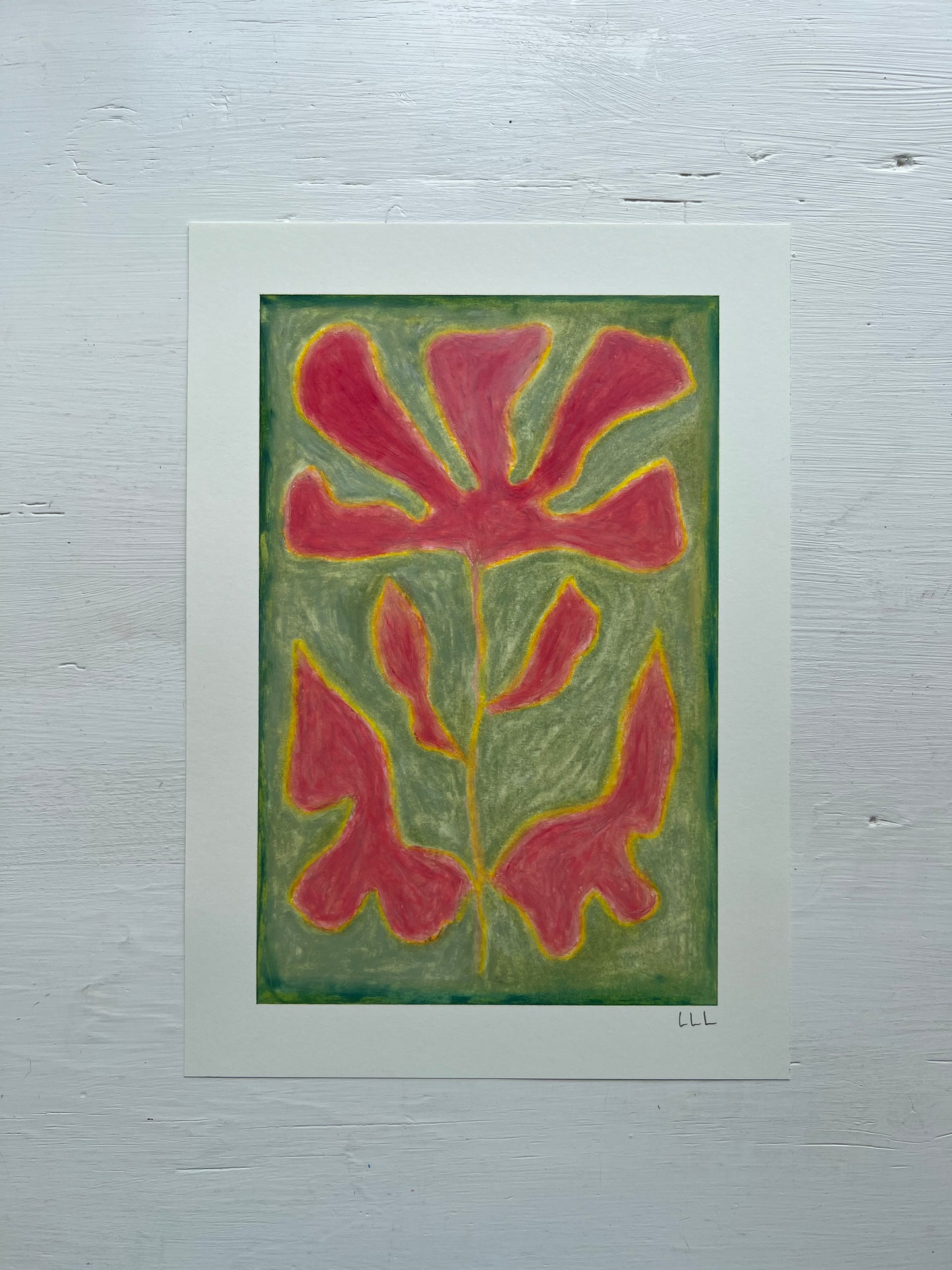 Bloom – Original oliepasteltegning A4 | Hindbærrosa på grøn