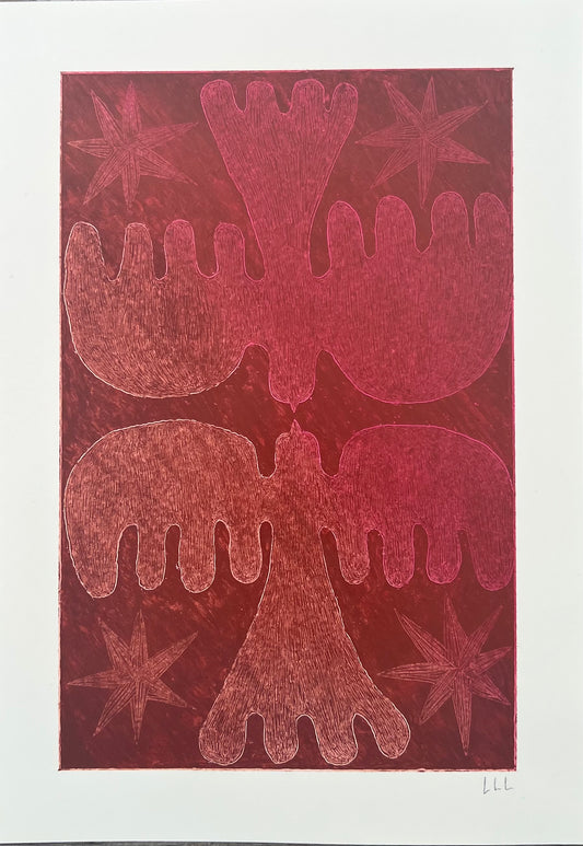 Lovebirds – Original oliepasteltegning A4 | Rødbrun sgraffito