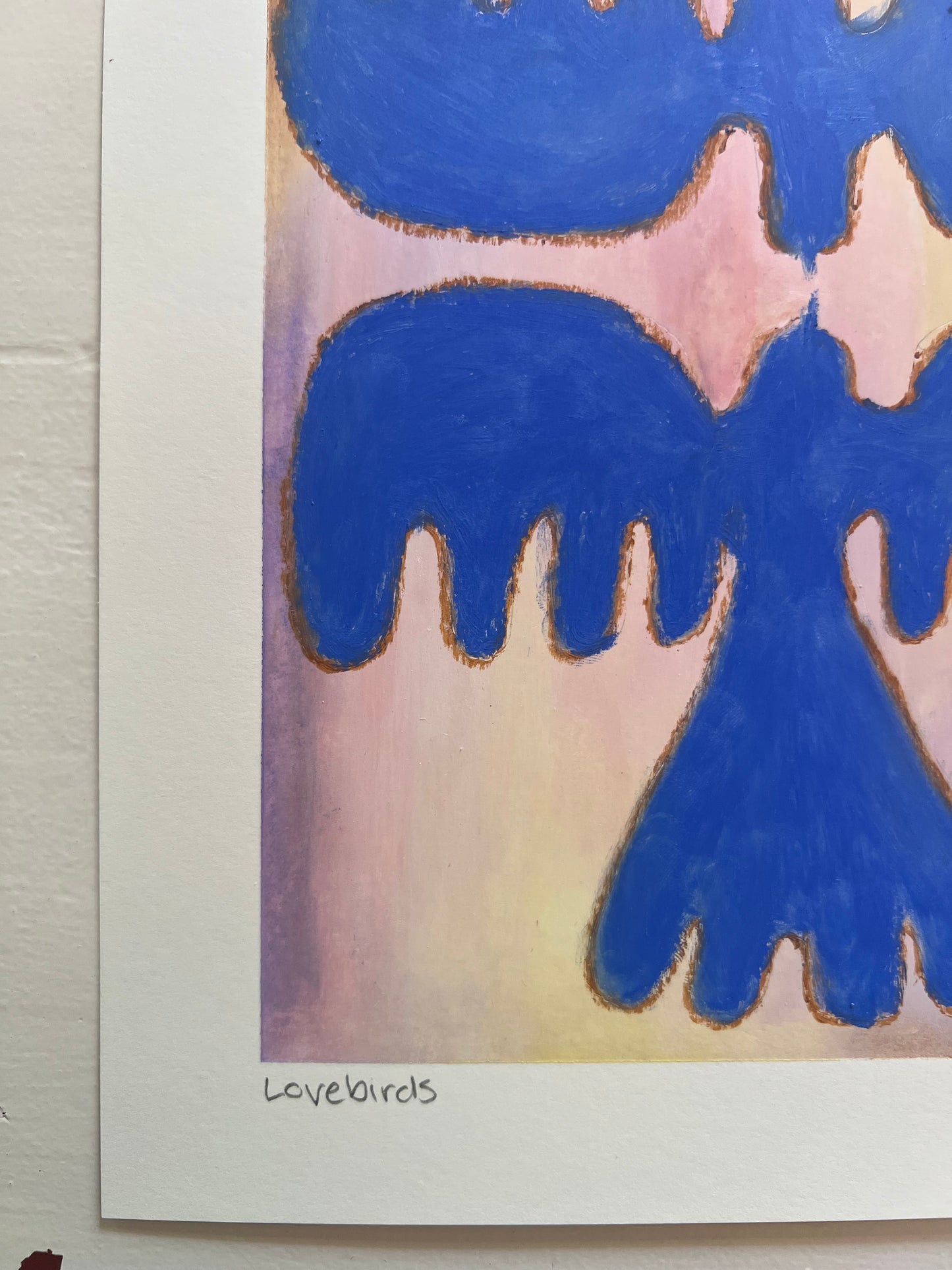 Lovebirds – Original oliepasteltegning A4 | Blå på lavendel/gul/okker