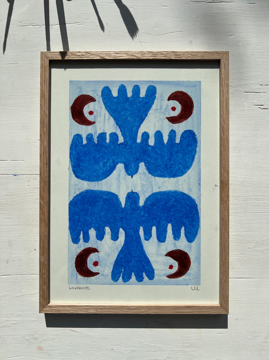 Lovebirds – Original oliepasteltegning A4 | Mørkeblå på lyseblå