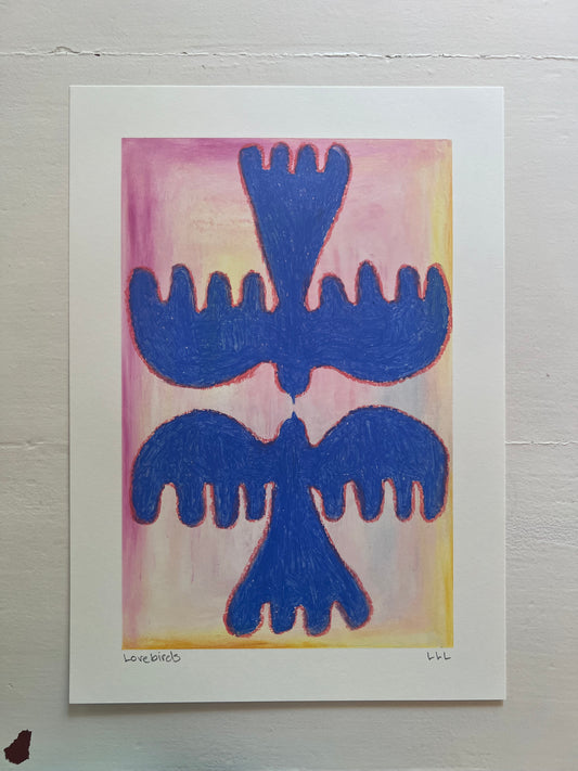 Lovebirds – Original oliepasteltegning A4 | Blå på pastel med fersken kontur