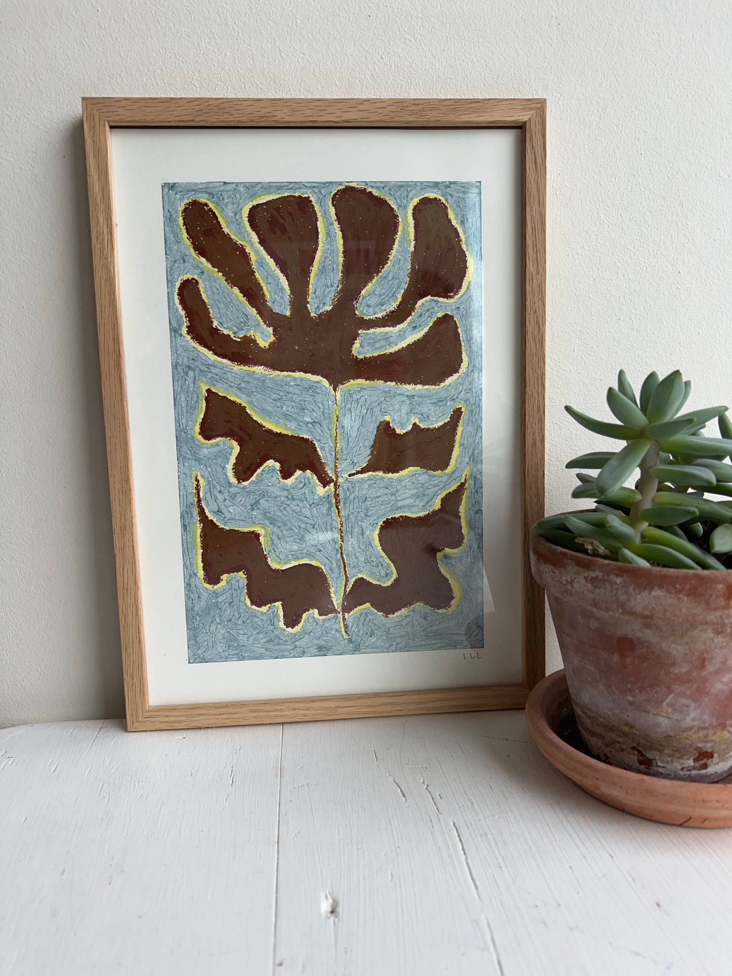 Bloom – Original oliepasteltegning A4 | Brun på støvet blå