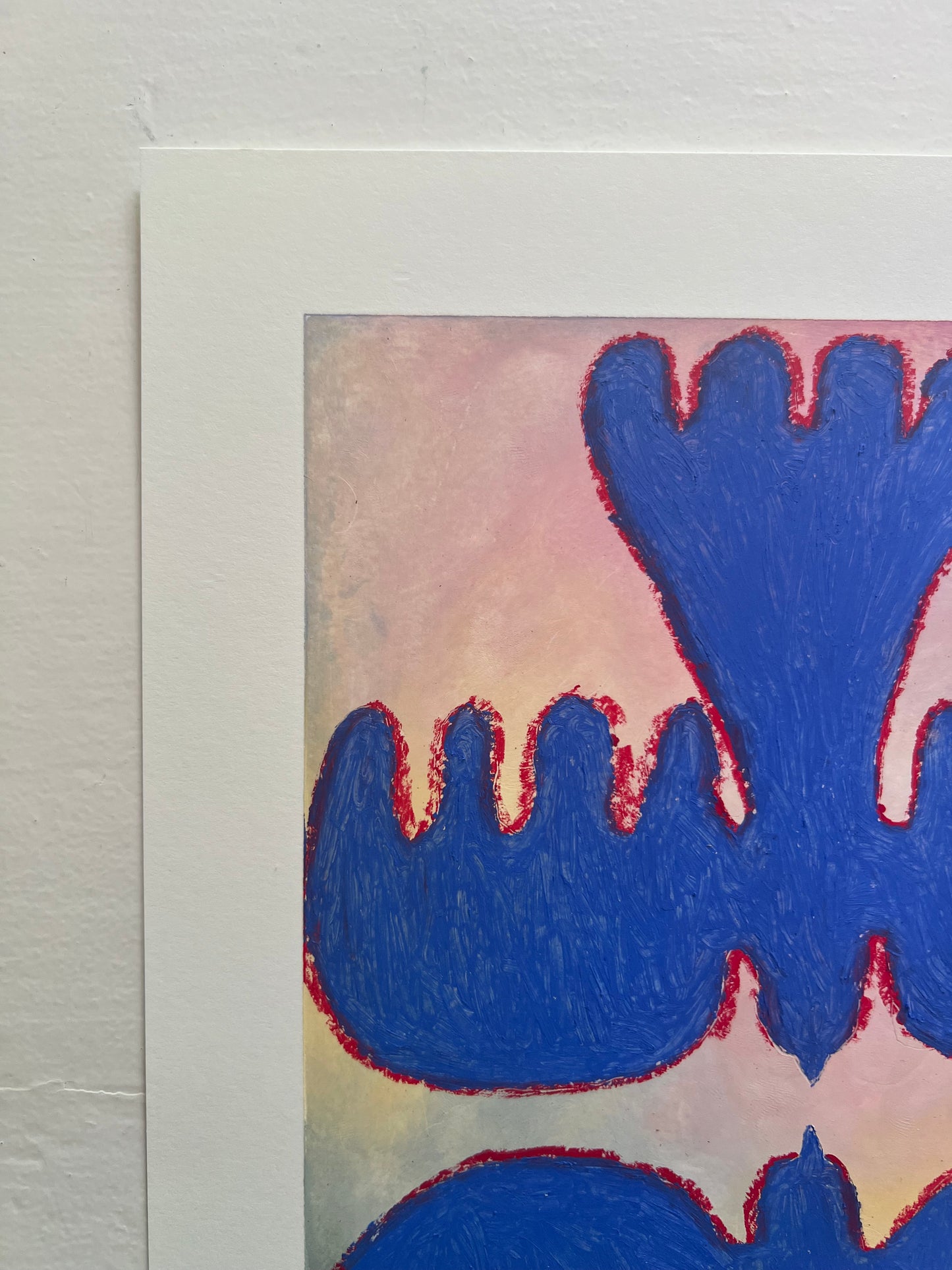 Lovebirds – Original oliepasteltegning A4 | Blå på pasteller med rød kontur