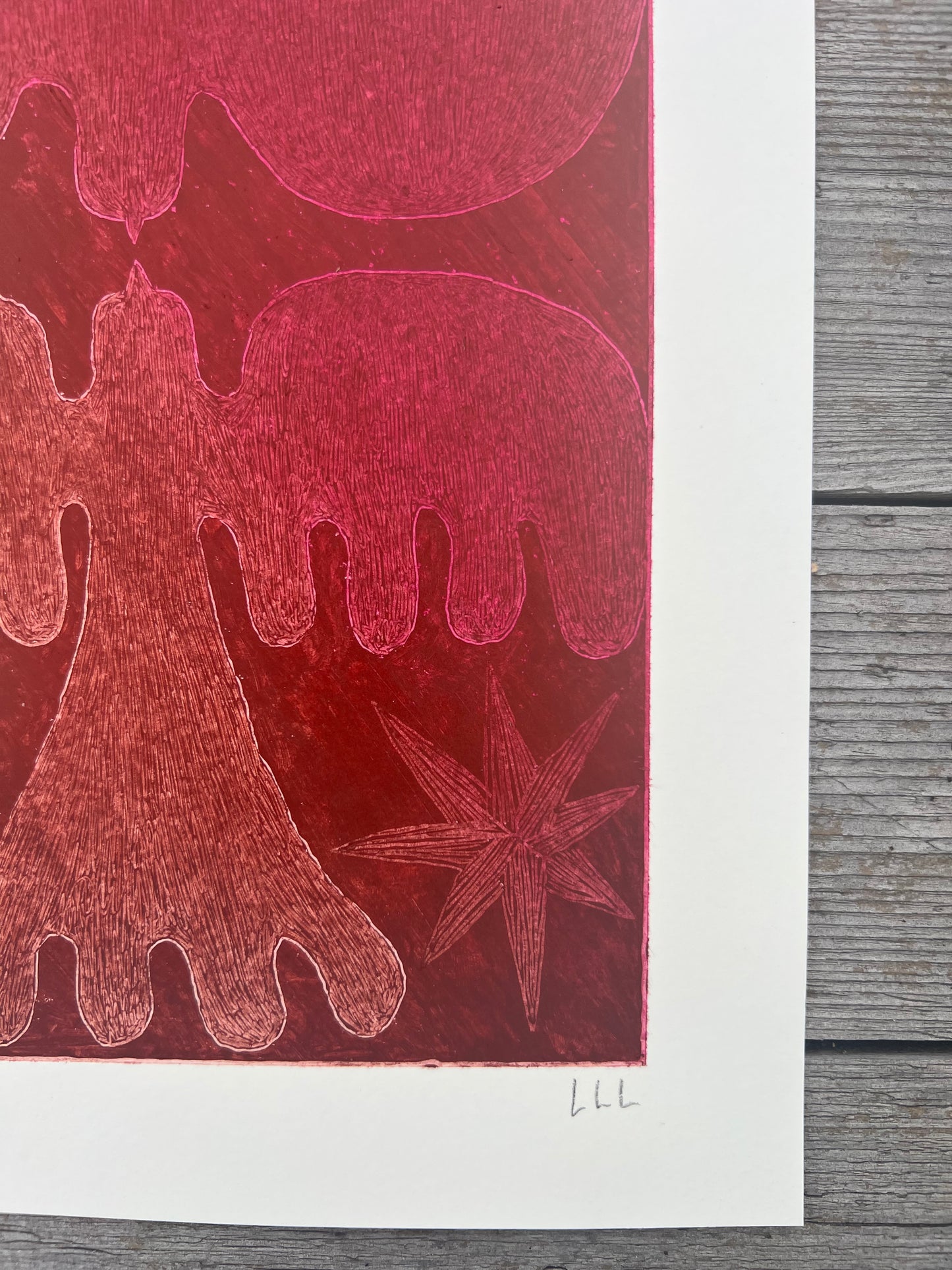 Lovebirds – Original oliepasteltegning A4 | Rødbrun sgraffito