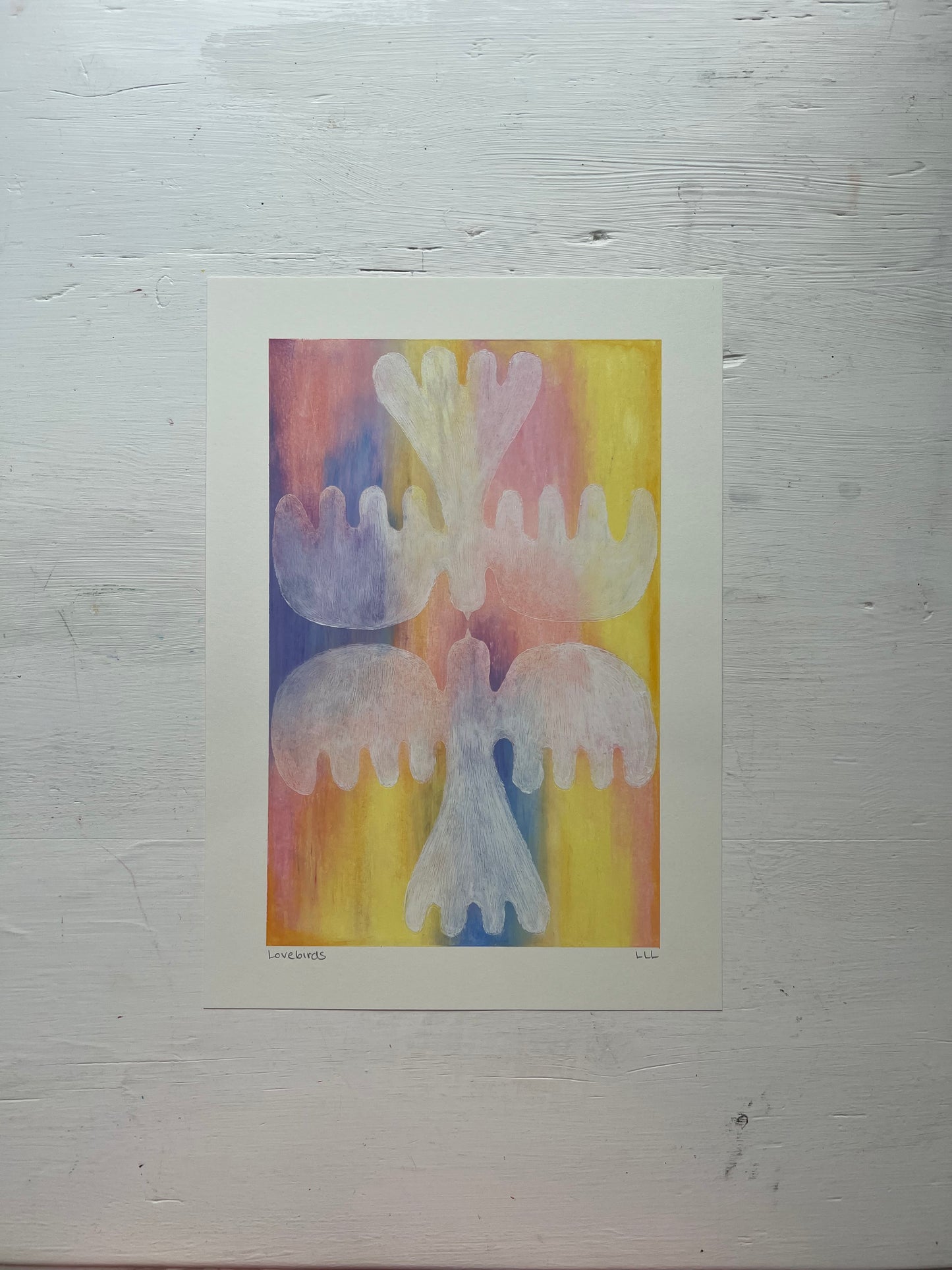 Lovebirds – Original oliepasteltegning A4 | Gennemsigtig hvid på pasteller
