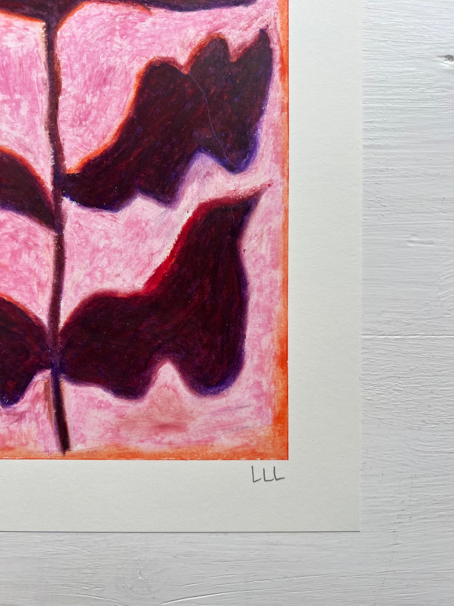 Bloom – Original oliepasteltegning A4 | Bordeaux på rosa