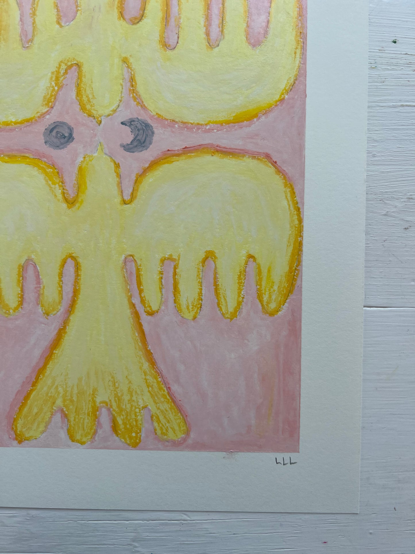 Lovebirds – Original oliepasteltegning A4 | Gul på rosa