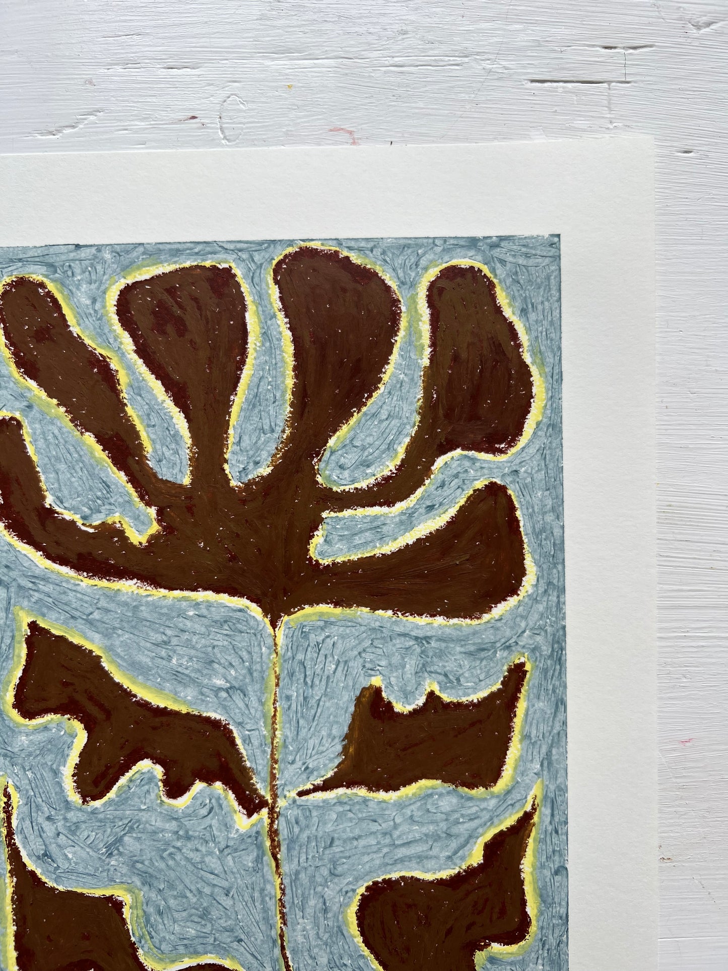 Bloom – Original oliepasteltegning A4 | Brun på støvet blå