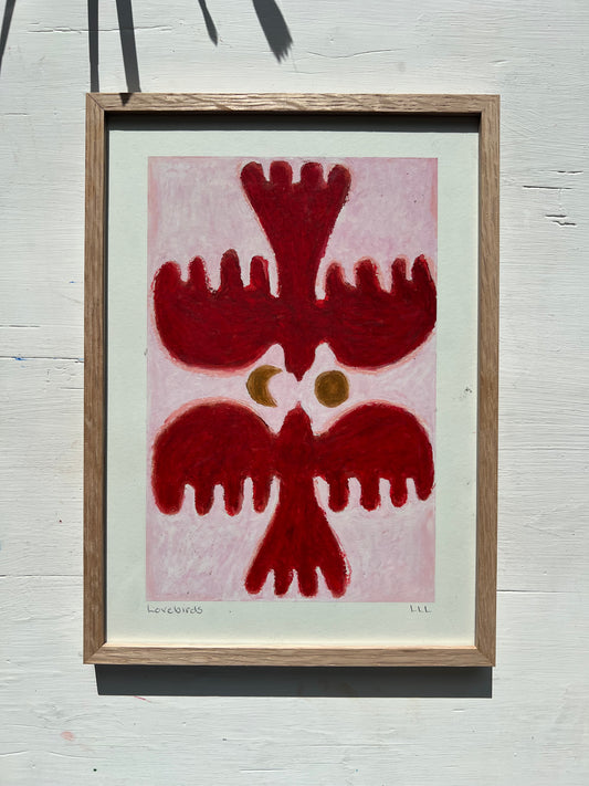 Lovebirds – Original oliepasteltegning A4 | Rød på rosa
