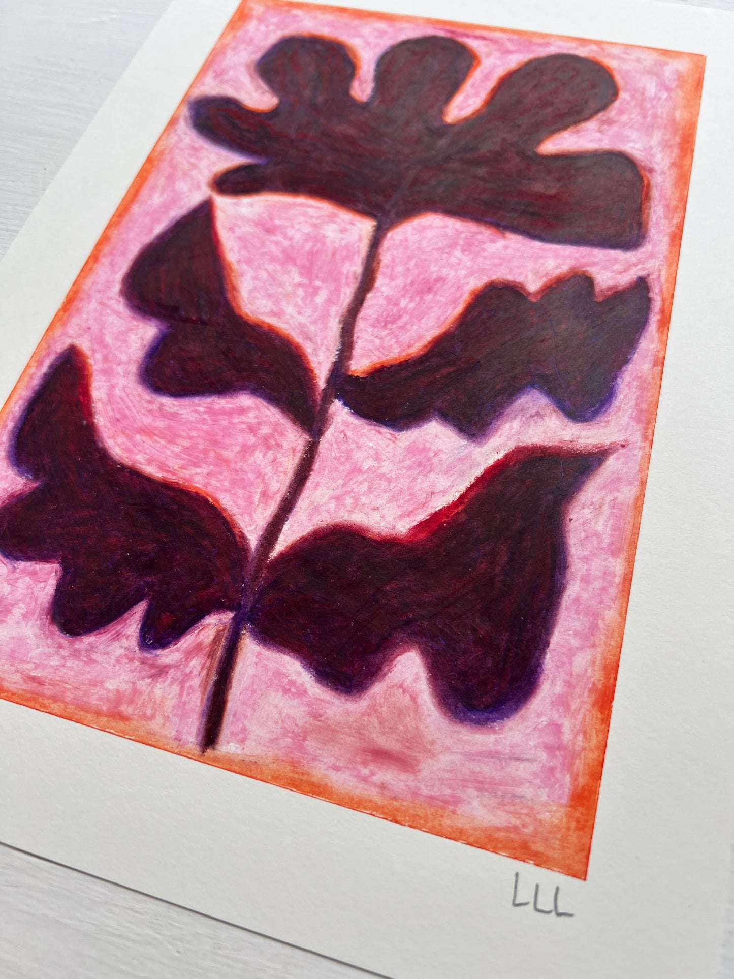 Bloom – Original oliepasteltegning A4 | Bordeaux på rosa