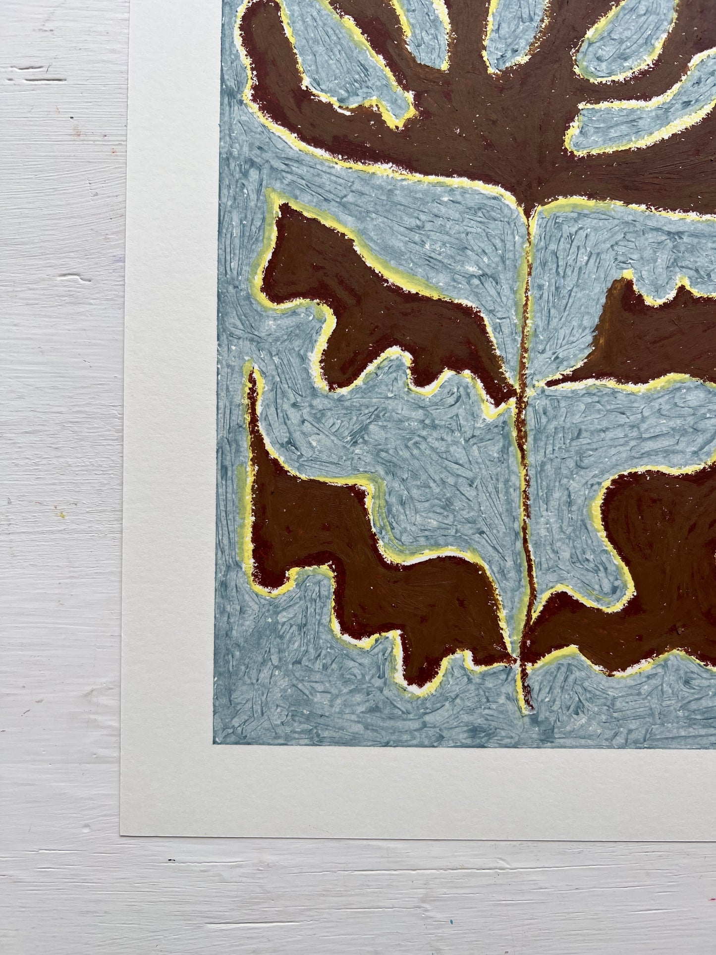 Bloom – Original oliepasteltegning A4 | Brun på støvet blå