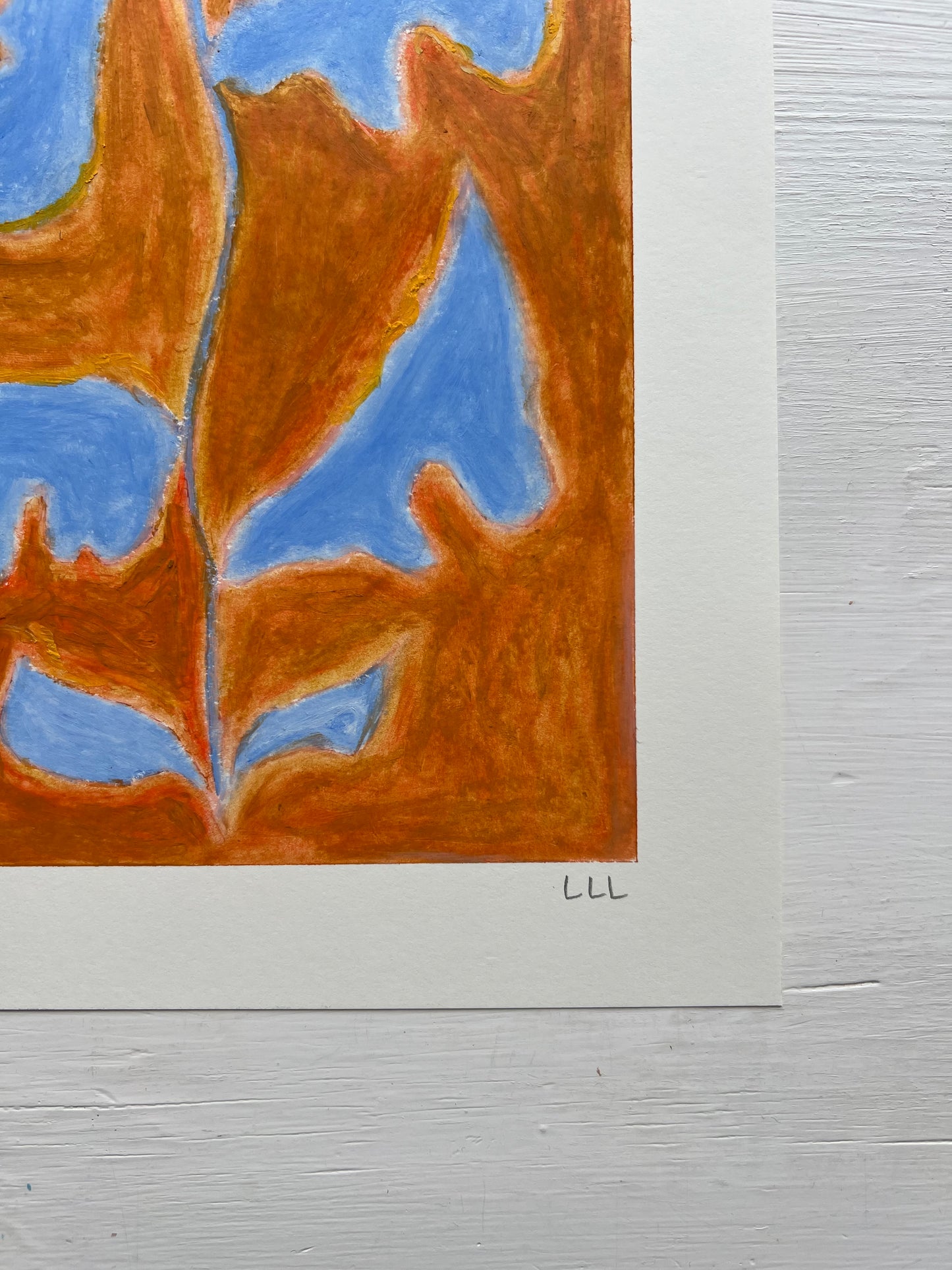 Bloom – Original oliepasteltegning A4 | Lyseblå på okker