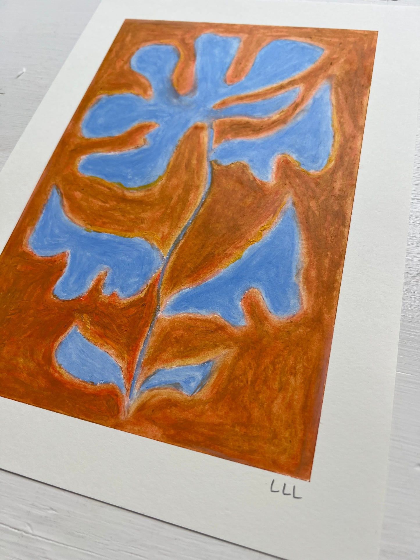 Bloom – Original oliepasteltegning A4 | Lyseblå på okker