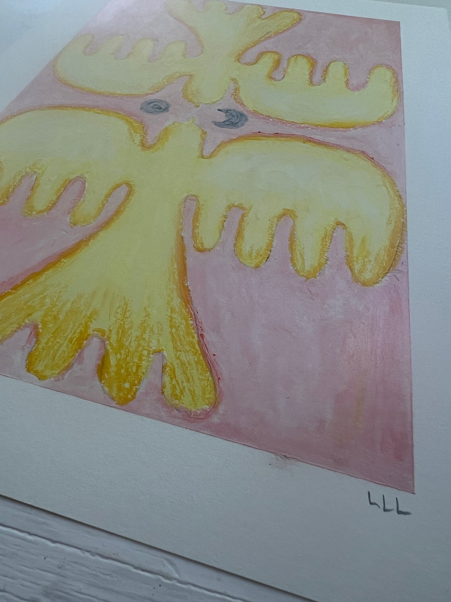 Lovebirds – Original oliepasteltegning A4 | Gul på rosa