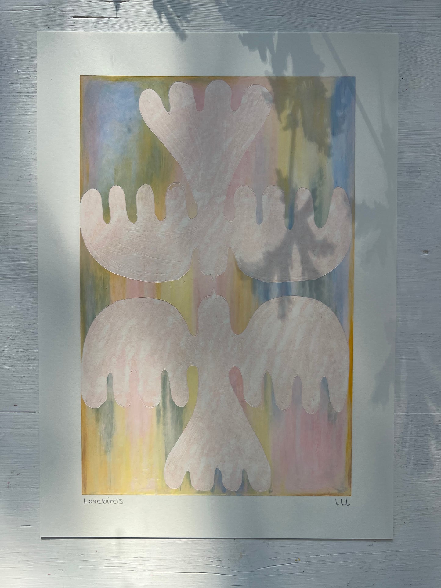 Lovebirds – Original oliepasteltegning A4 | Lys rosa på pasteller
