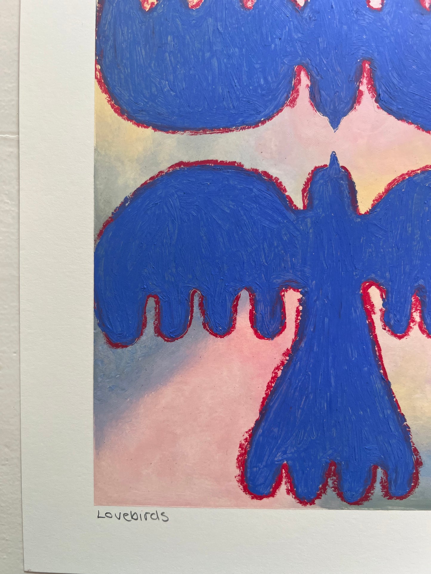 Lovebirds – Original oliepasteltegning A4 | Blå på pasteller med rød kontur