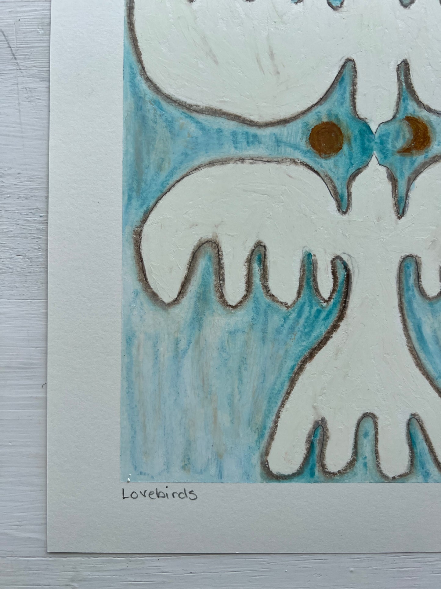 Lovebirds – Original oliepasteltegning A4 | Creme på isblå